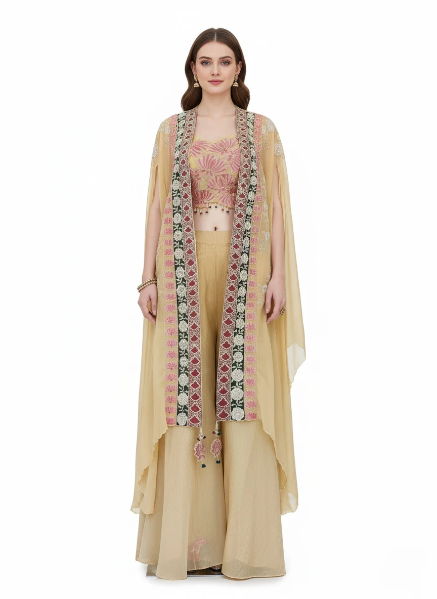 Champagne Gold Indo-Western Palazzo Set with Embroidered Cape & Crop Top - Image 3