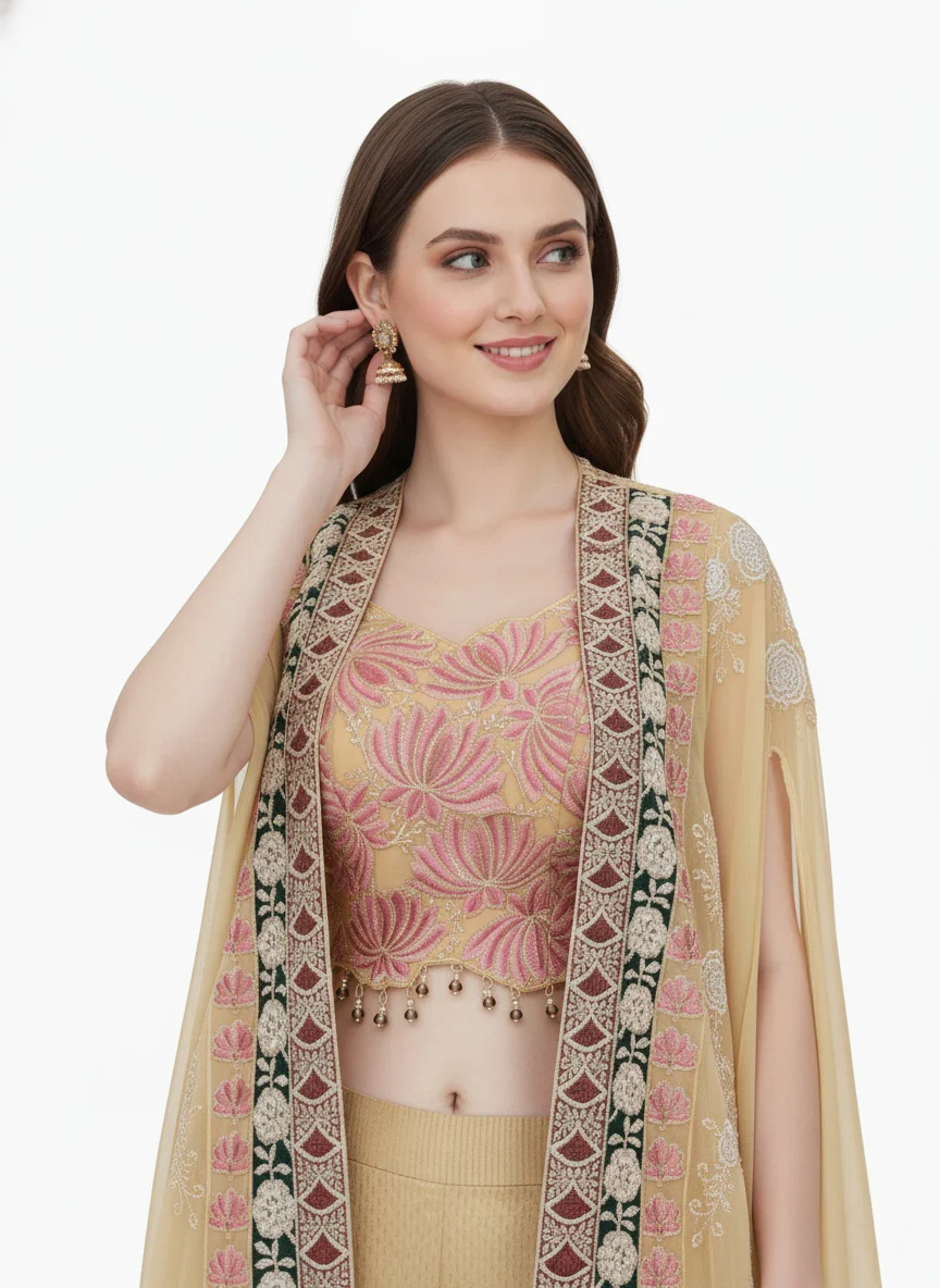 Champagne Gold Indo-Western Palazzo Set with Embroidered Cape & Crop Top - Image 4