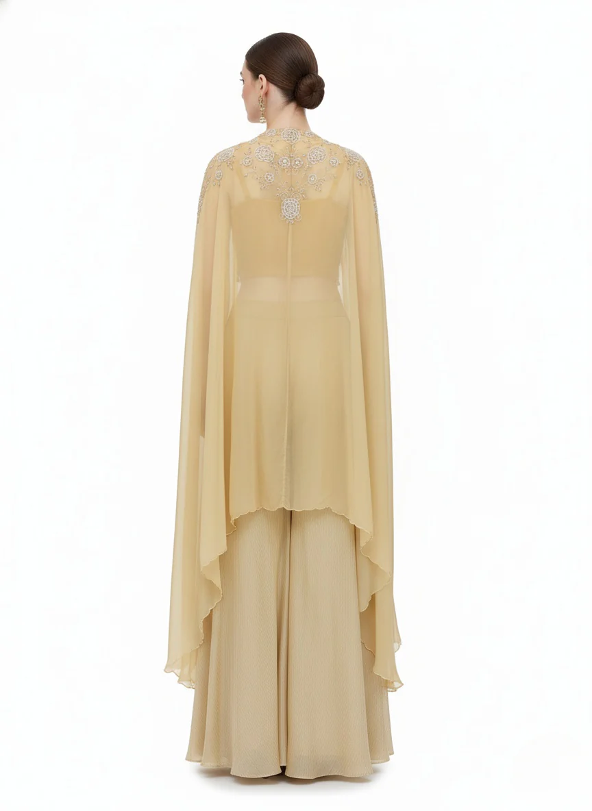 Champagne Gold Indo-Western Palazzo Set with Embroidered Cape & Crop Top - Image 5