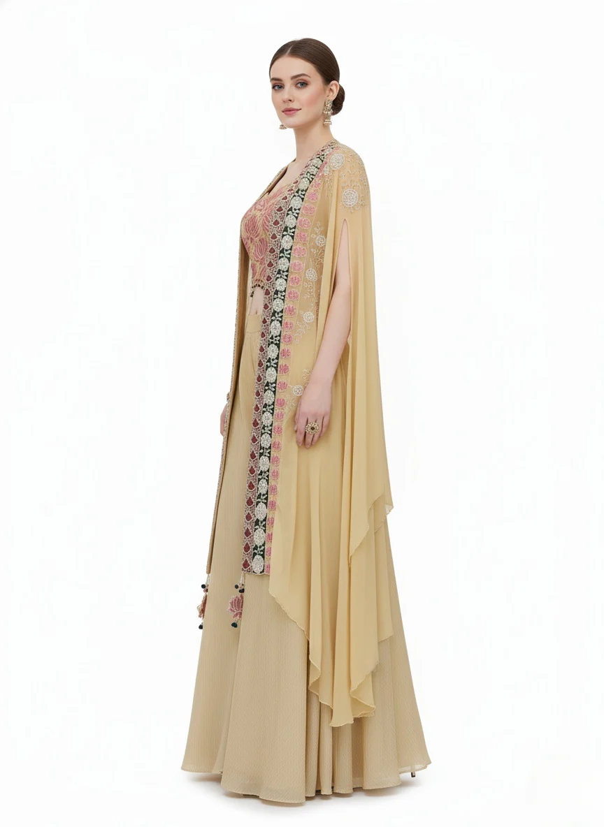 Champagne Gold Indo-Western Palazzo Set with Embroidered Cape & Crop Top - Image 6