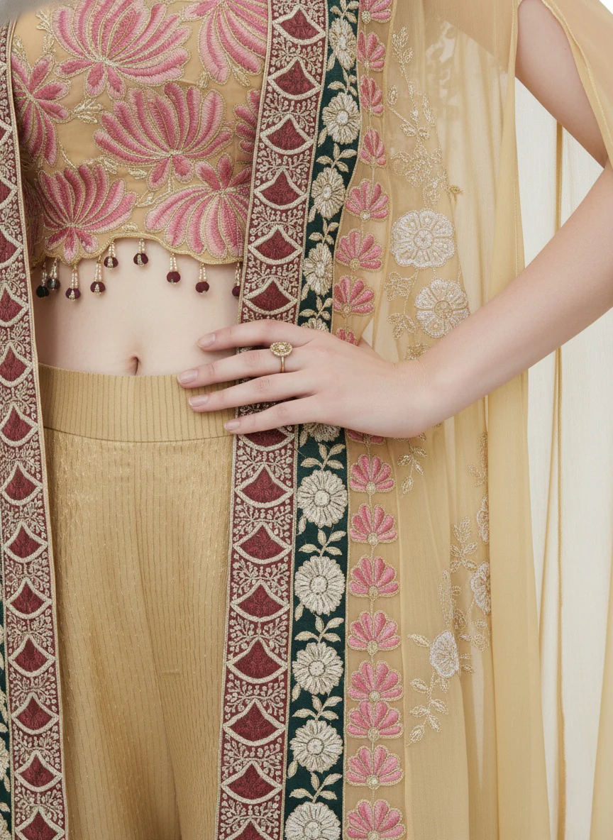 Champagne Gold Indo-Western Palazzo Set with Embroidered Cape & Crop Top - Image 7