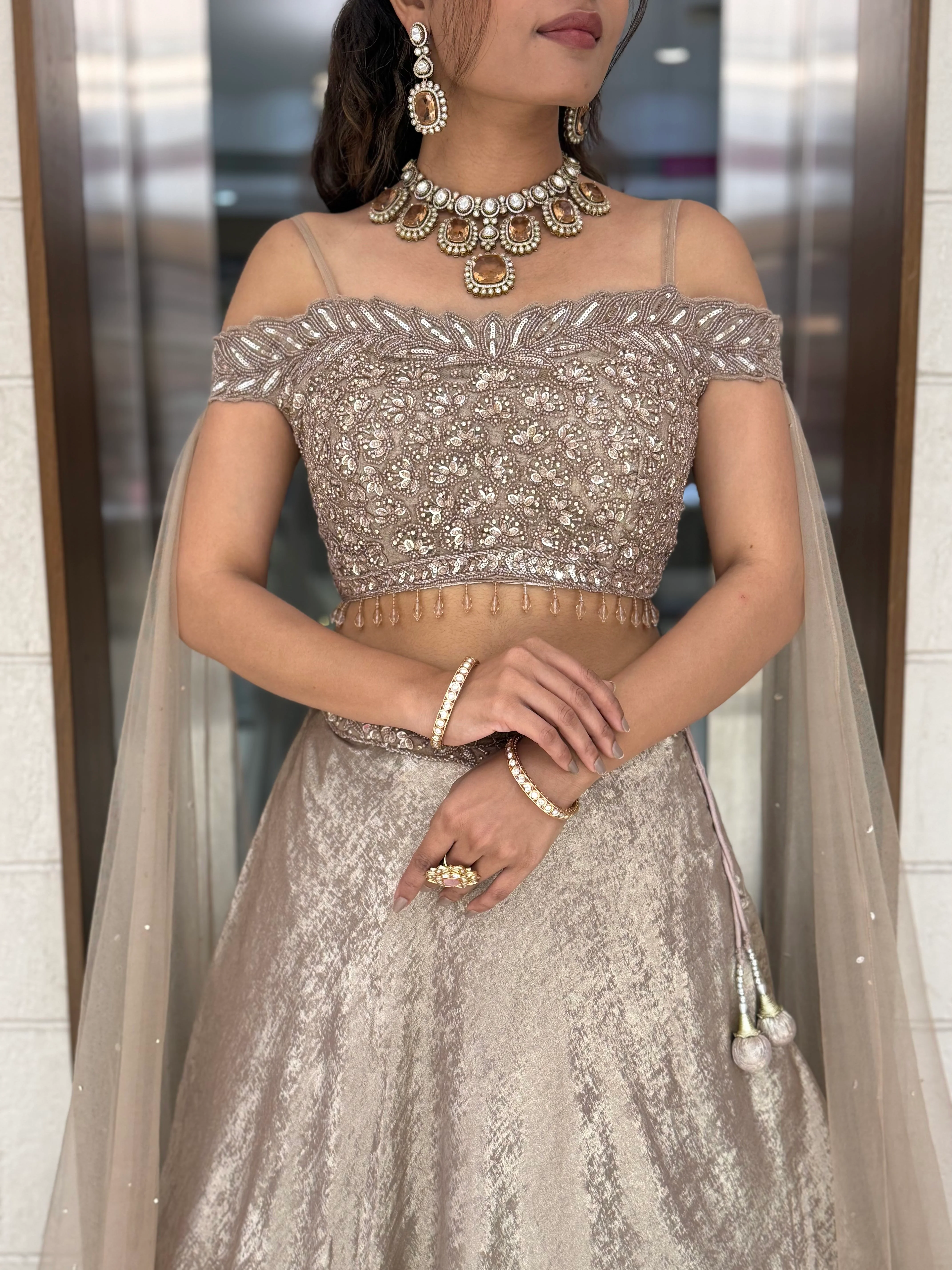 Champagne Gold Off-Shoulder Embellished Designer Lehenga Set with Sheer Dupatta - Image 2