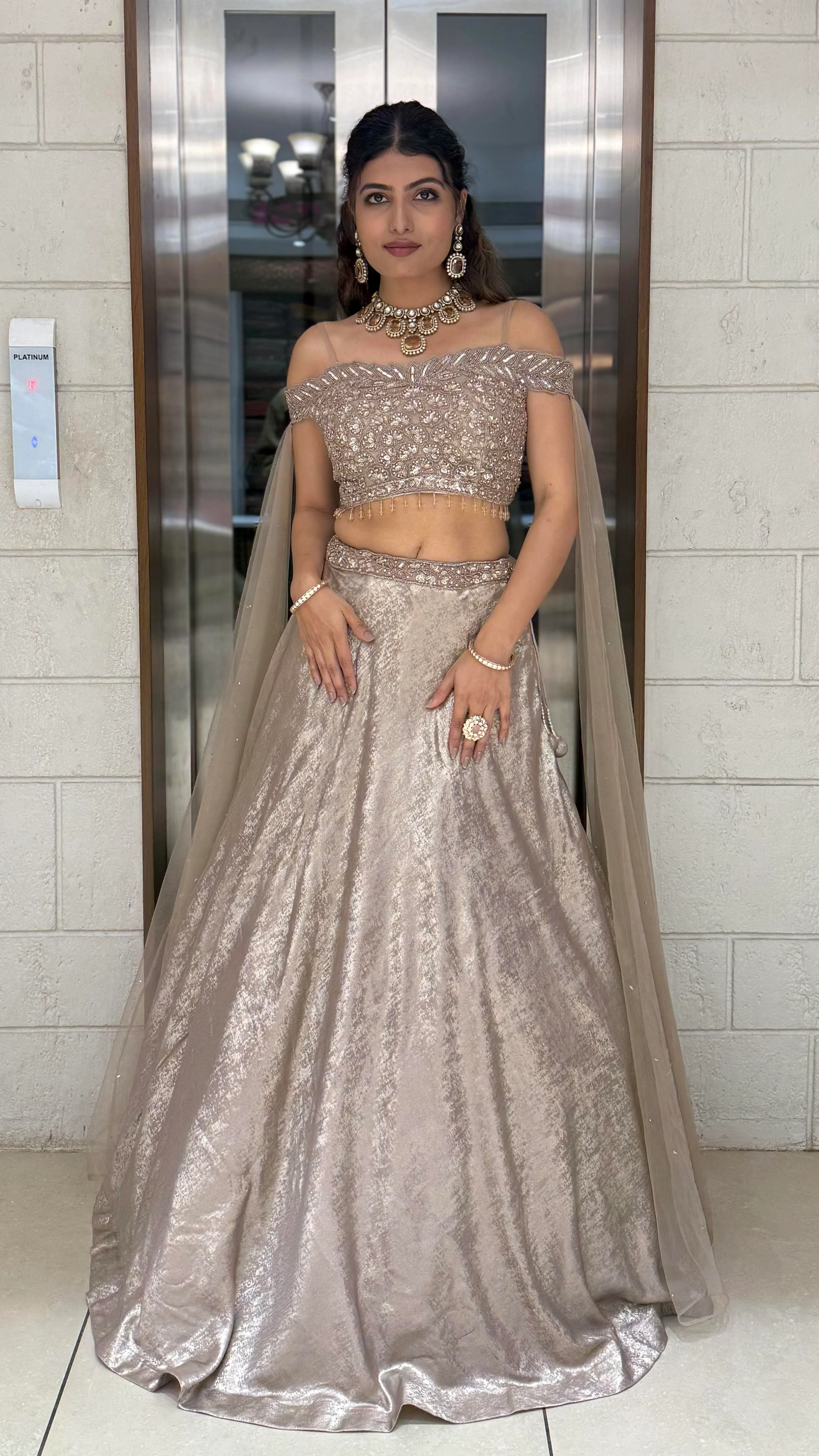 Champagne Gold Off-Shoulder Embellished Designer Lehenga Set with Sheer Dupatta - Image 3