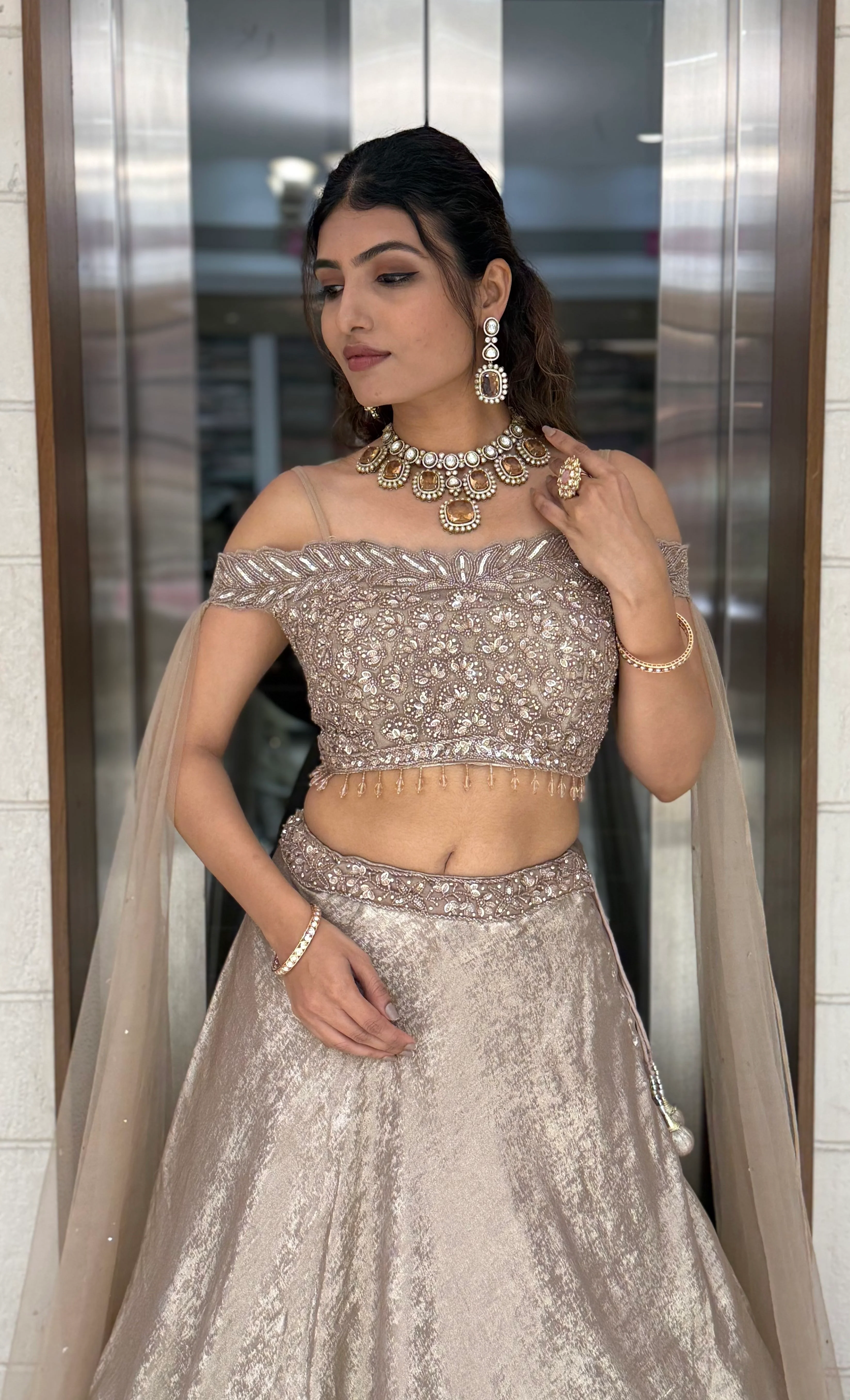 Champagne Gold Off-Shoulder Embellished Designer Lehenga Set with Sheer Dupatta - Image 5