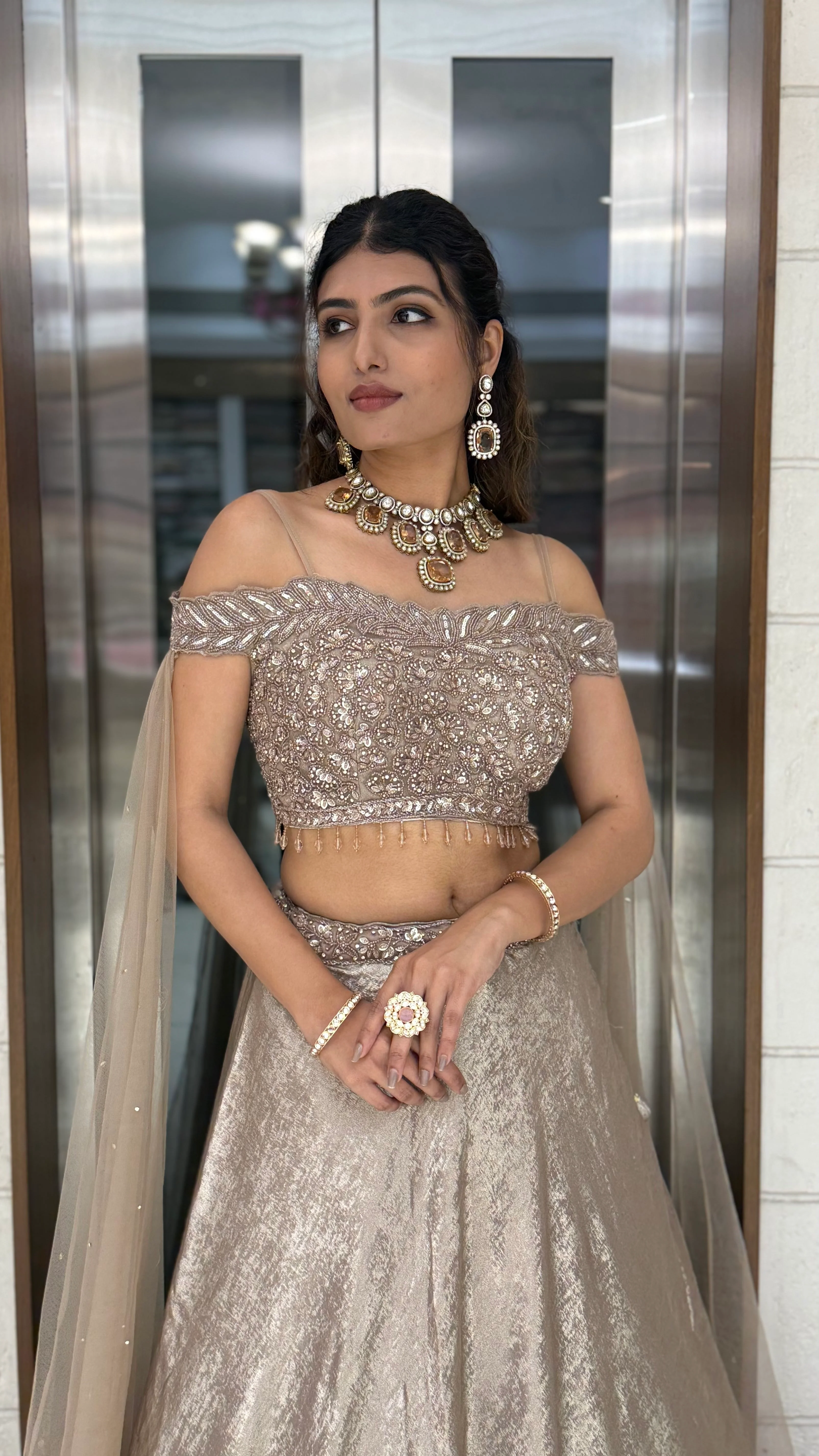 Champagne Gold Off-Shoulder Embellished Designer Lehenga Set with Sheer Dupatta - Image 6