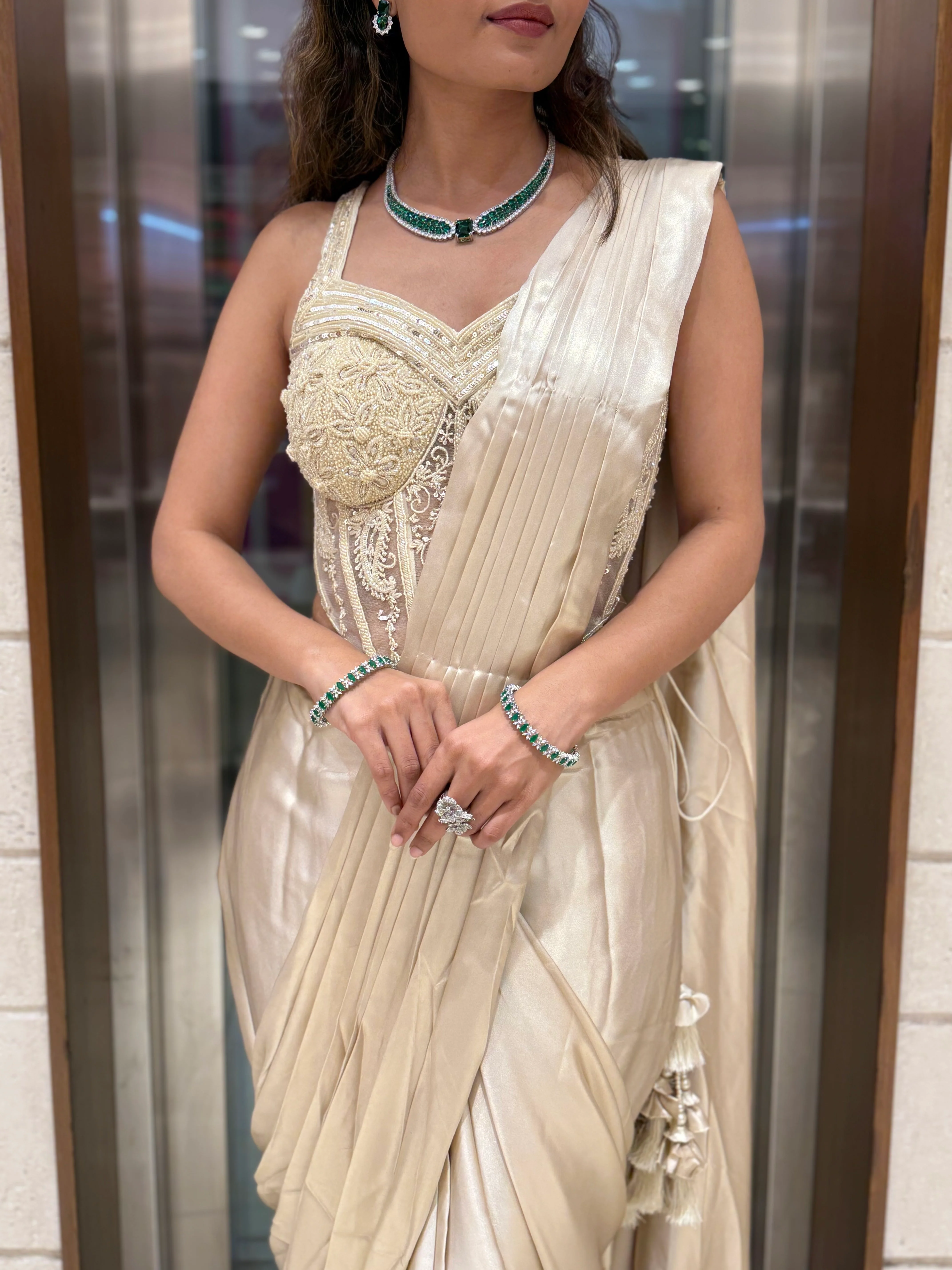 Champagne Gold Ready-to-Wear Draped Saree with Embroidered Corset Blouse - Image 2