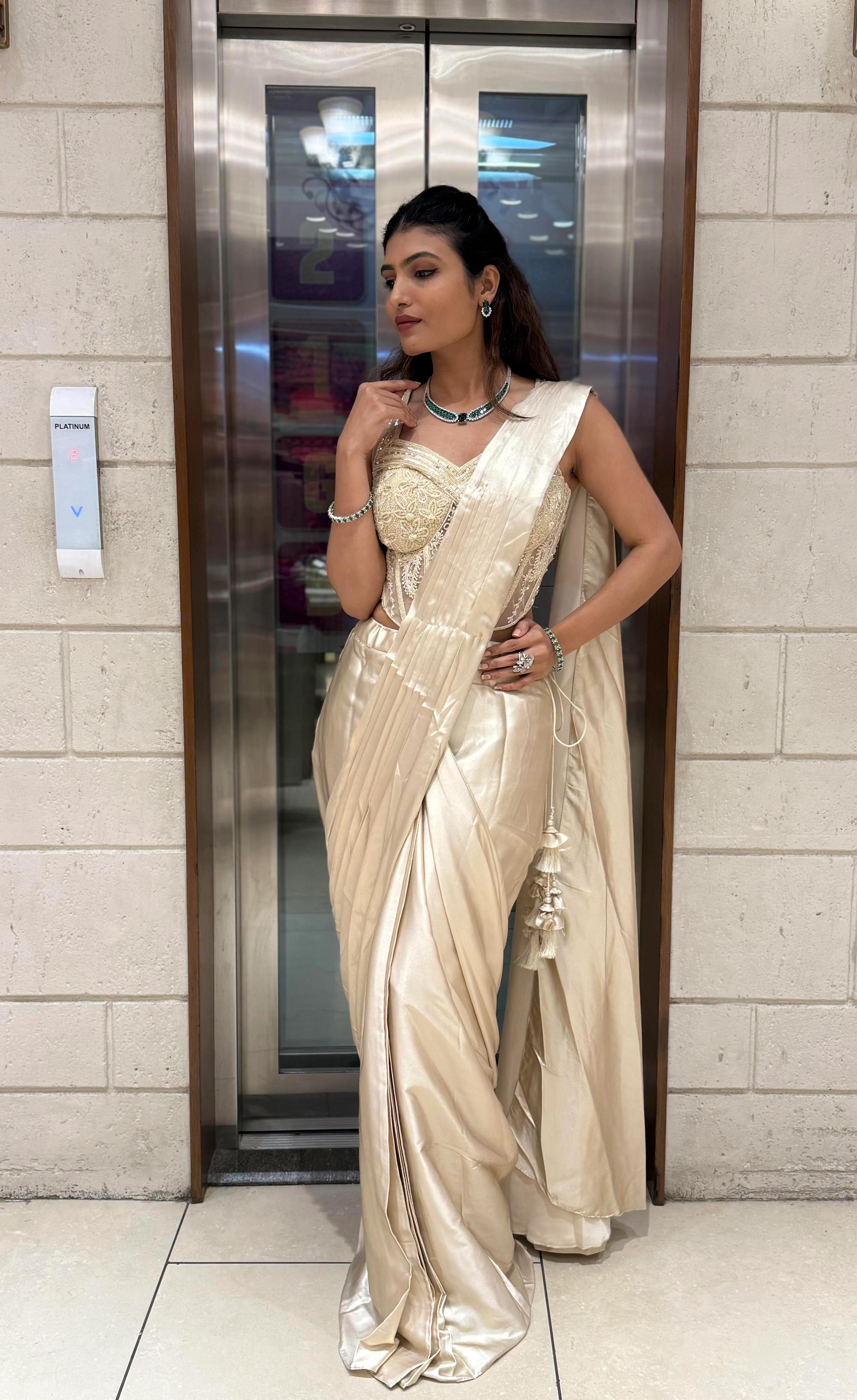 Champagne Gold Ready-to-Wear Draped Saree with Embroidered Corset Blouse - Image 3