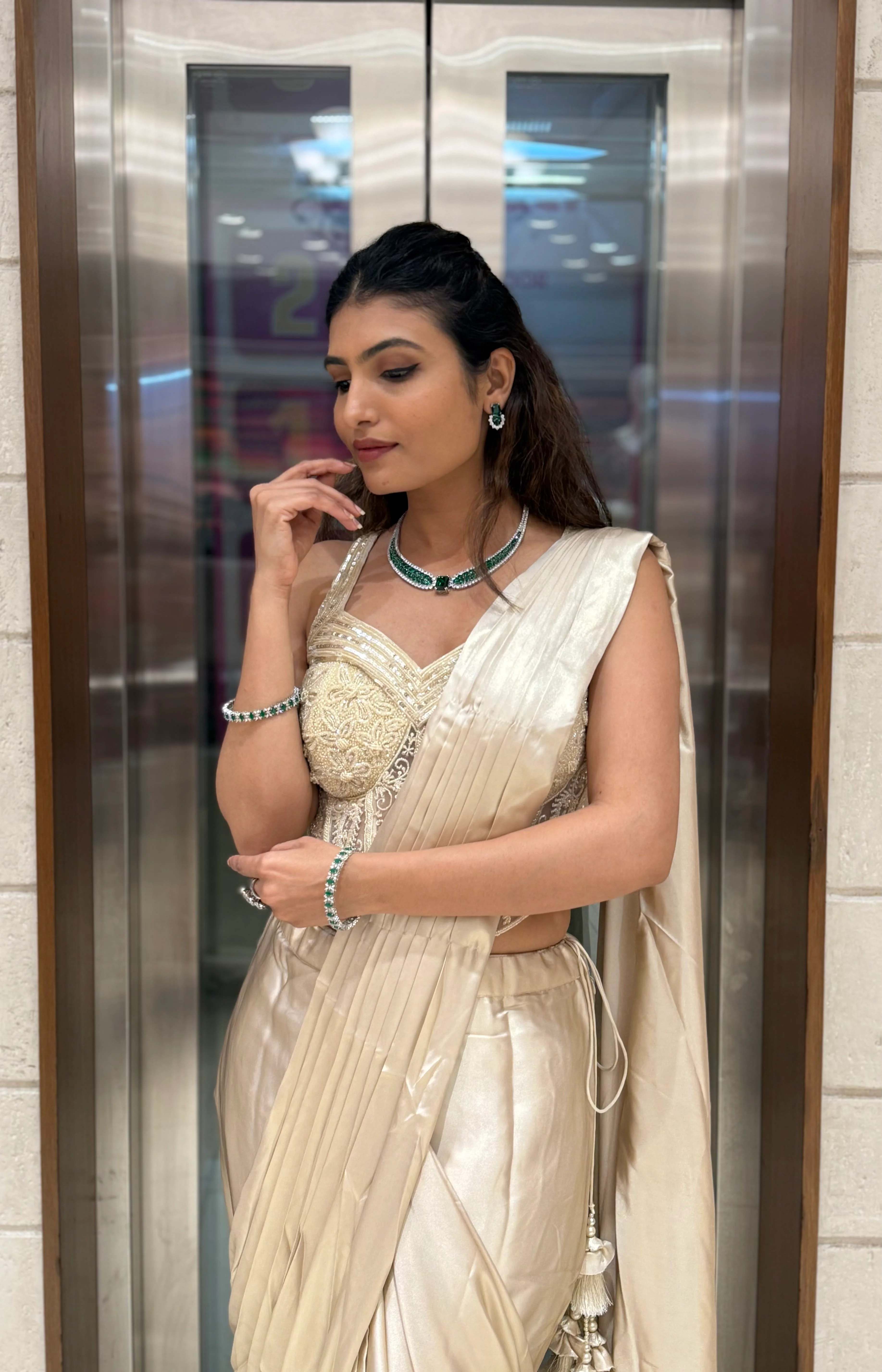 Champagne Gold Ready-to-Wear Draped Saree with Embroidered Corset Blouse - Image 4
