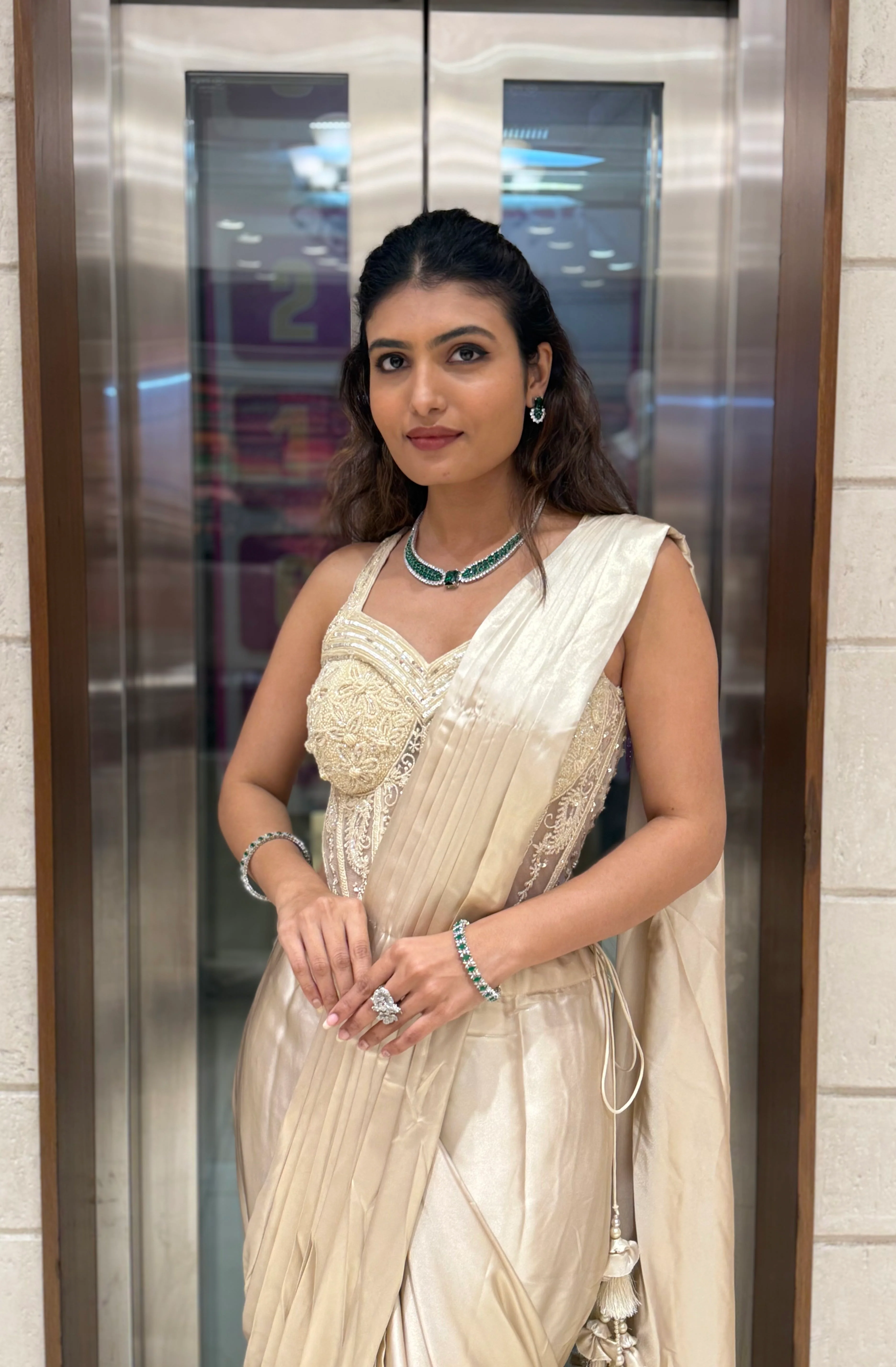 Champagne Gold Ready-to-Wear Draped Saree with Embroidered Corset Blouse - Image 5