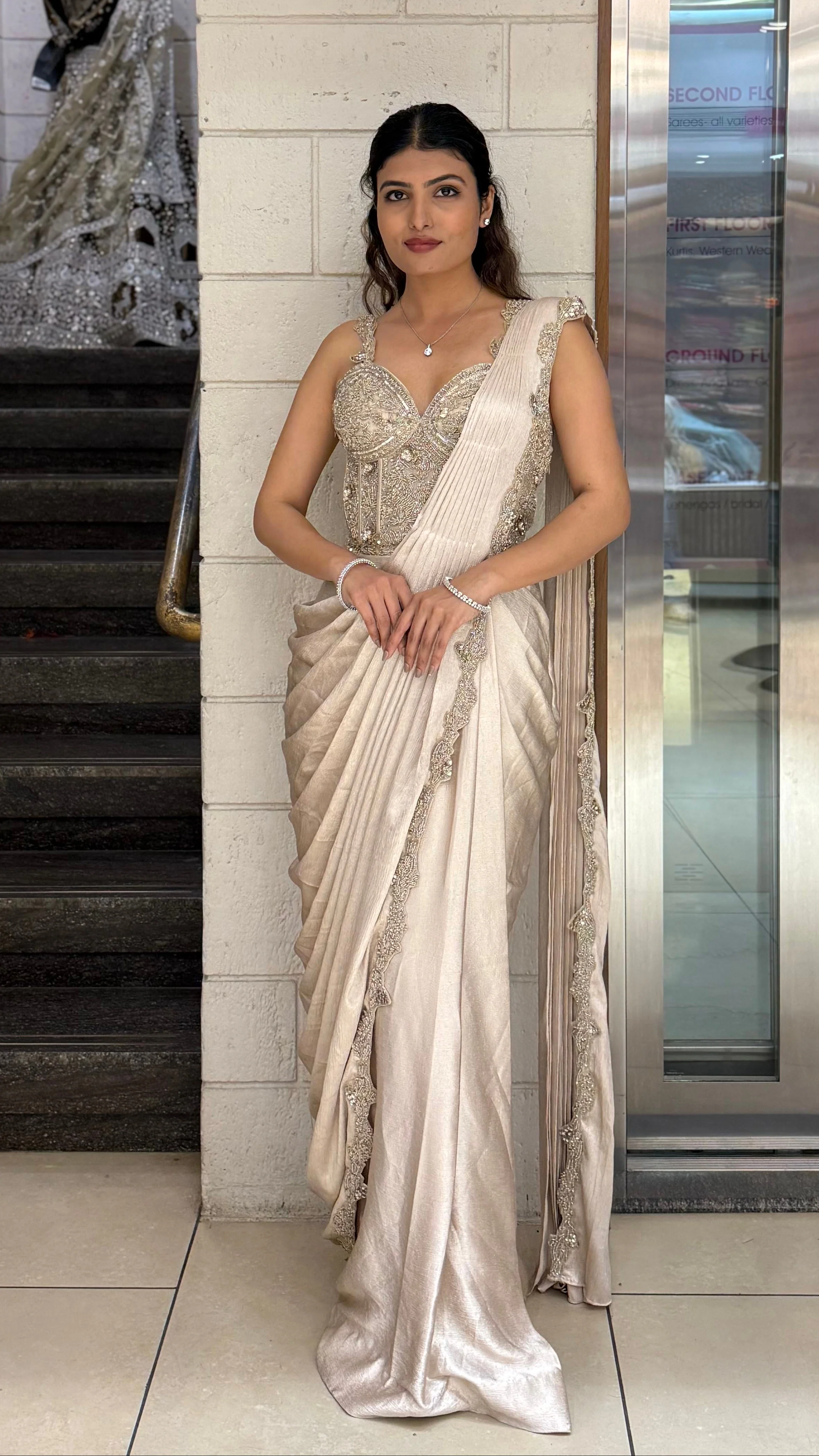 Champagne Gold Ready-to-Wear Draped Saree with Heavy Embellished Blouse - Image 2
