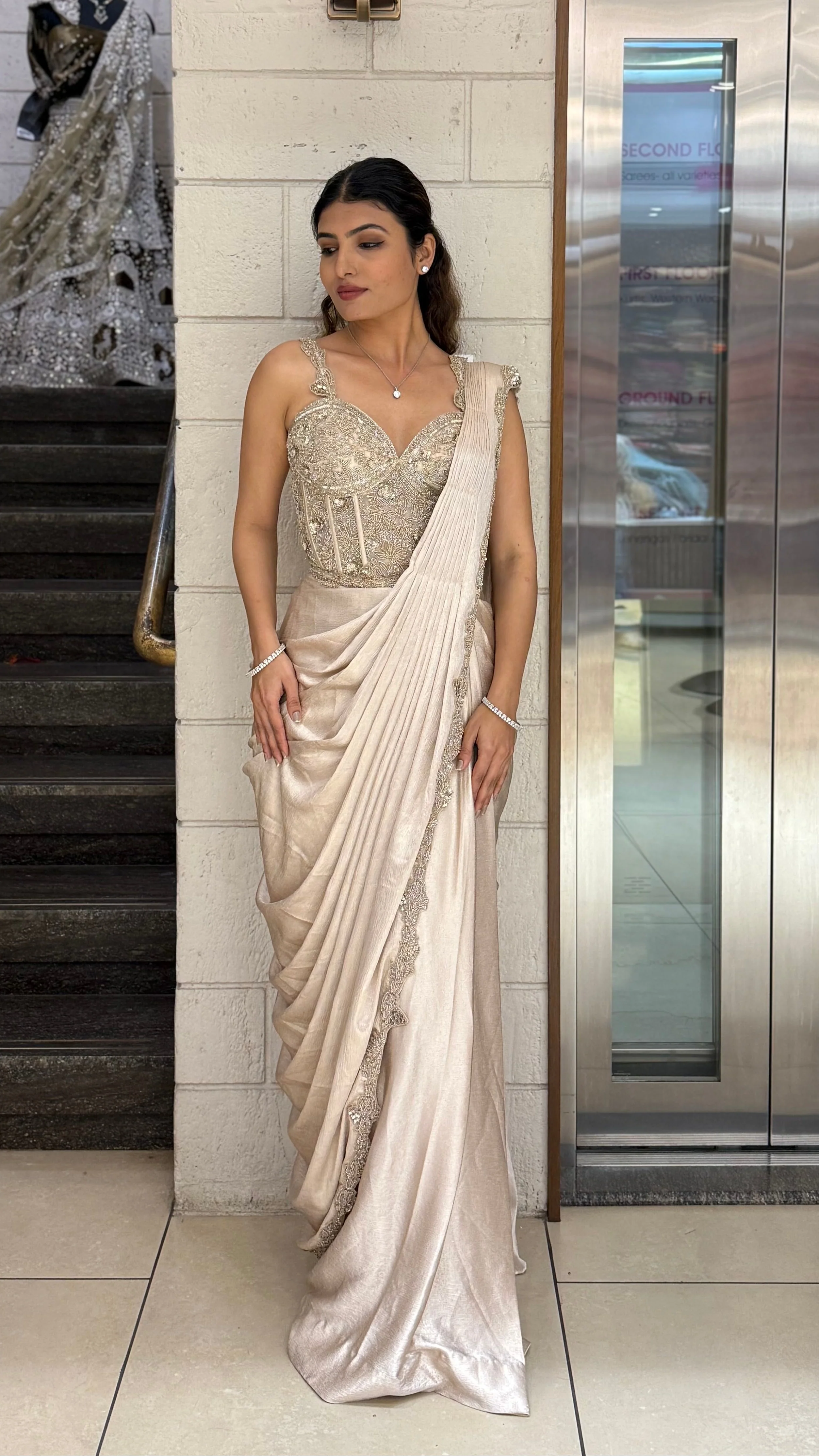 Champagne Gold Ready-to-Wear Draped Saree with Heavy Embellished Blouse - Image 3