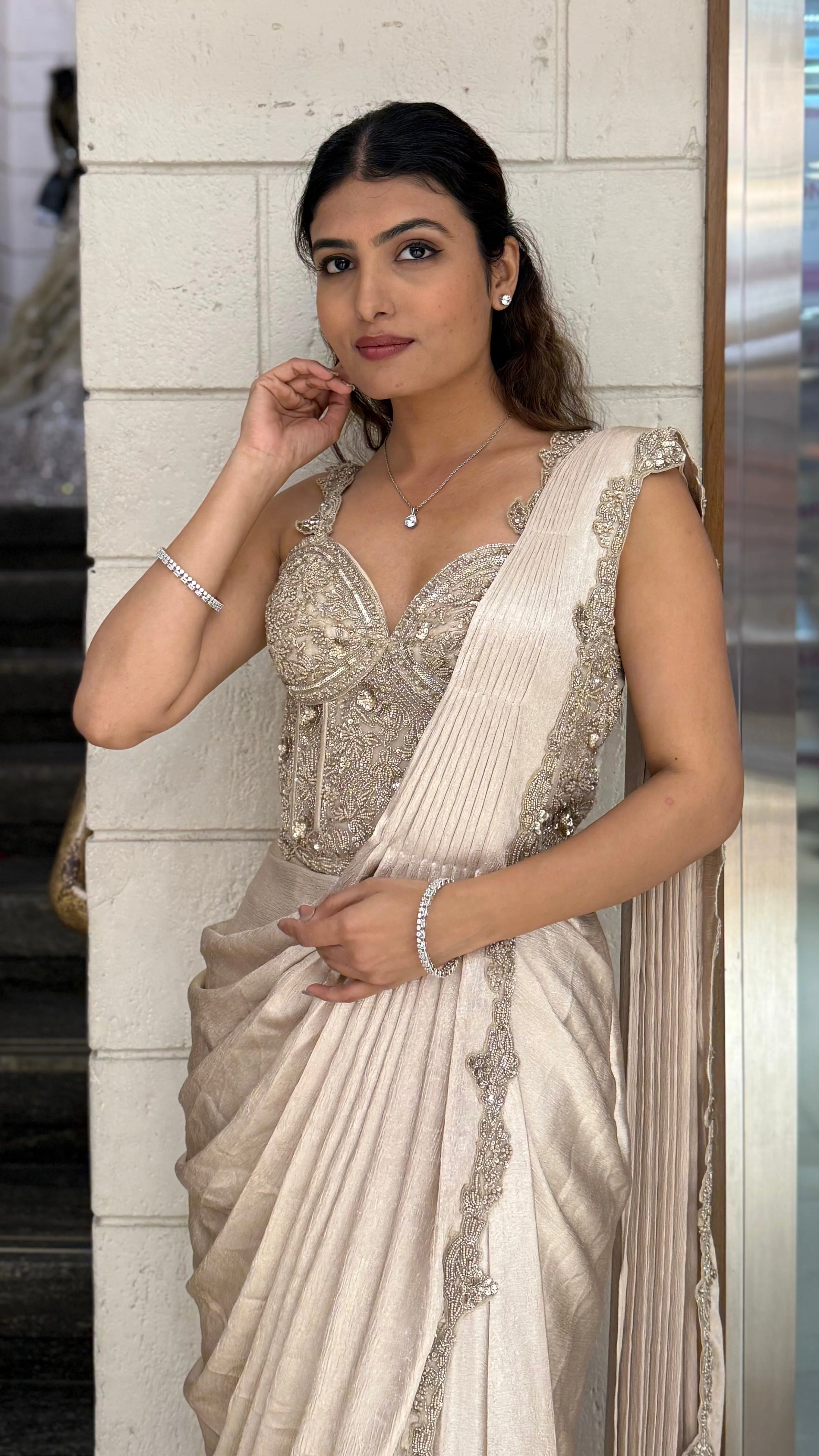 Champagne Gold Ready-to-Wear Draped Saree with Heavy Embellished Blouse - Image 5