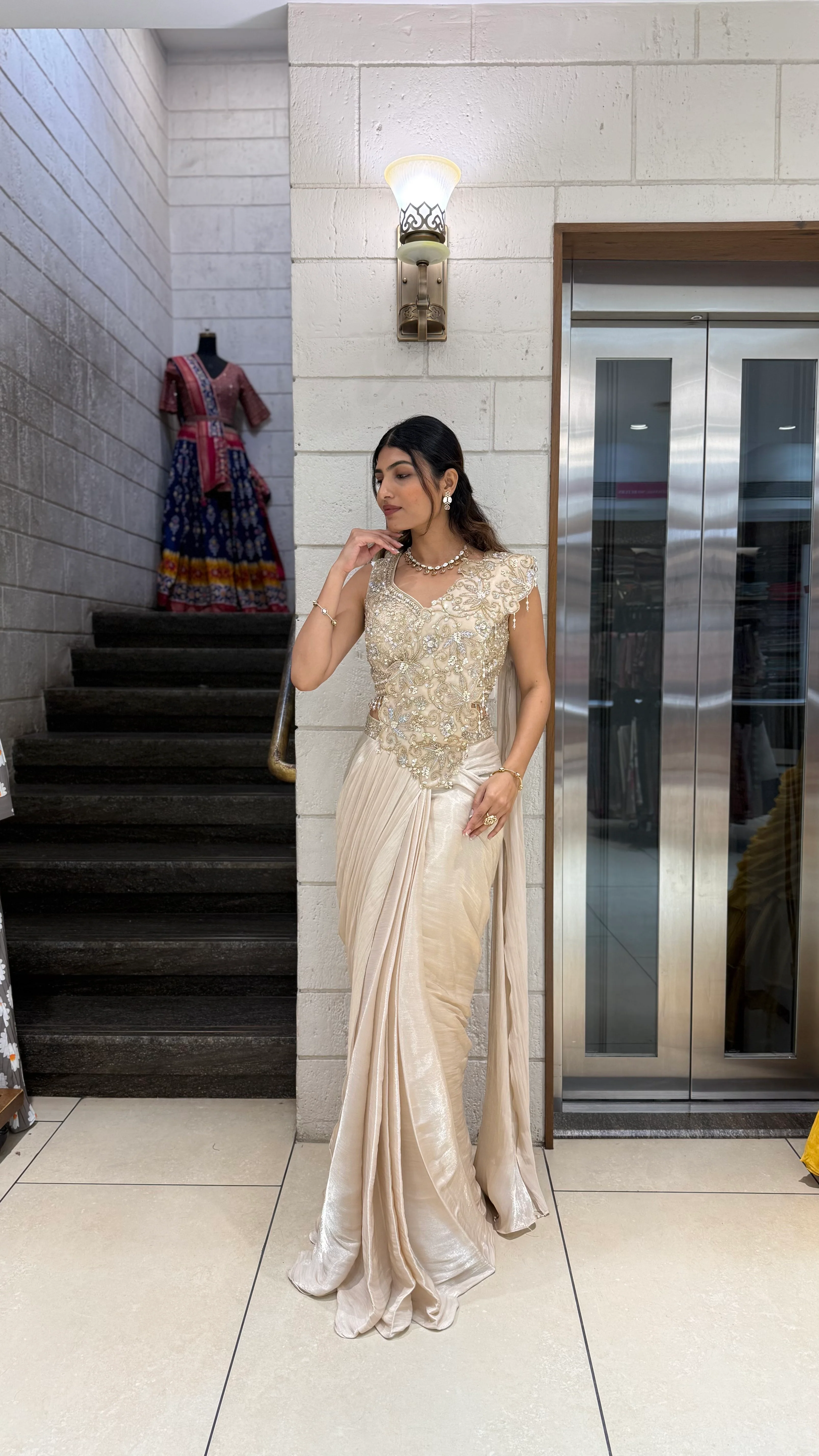 Champagne Gold Ready-to-Wear Saree with Embellished Blouse - Image 3