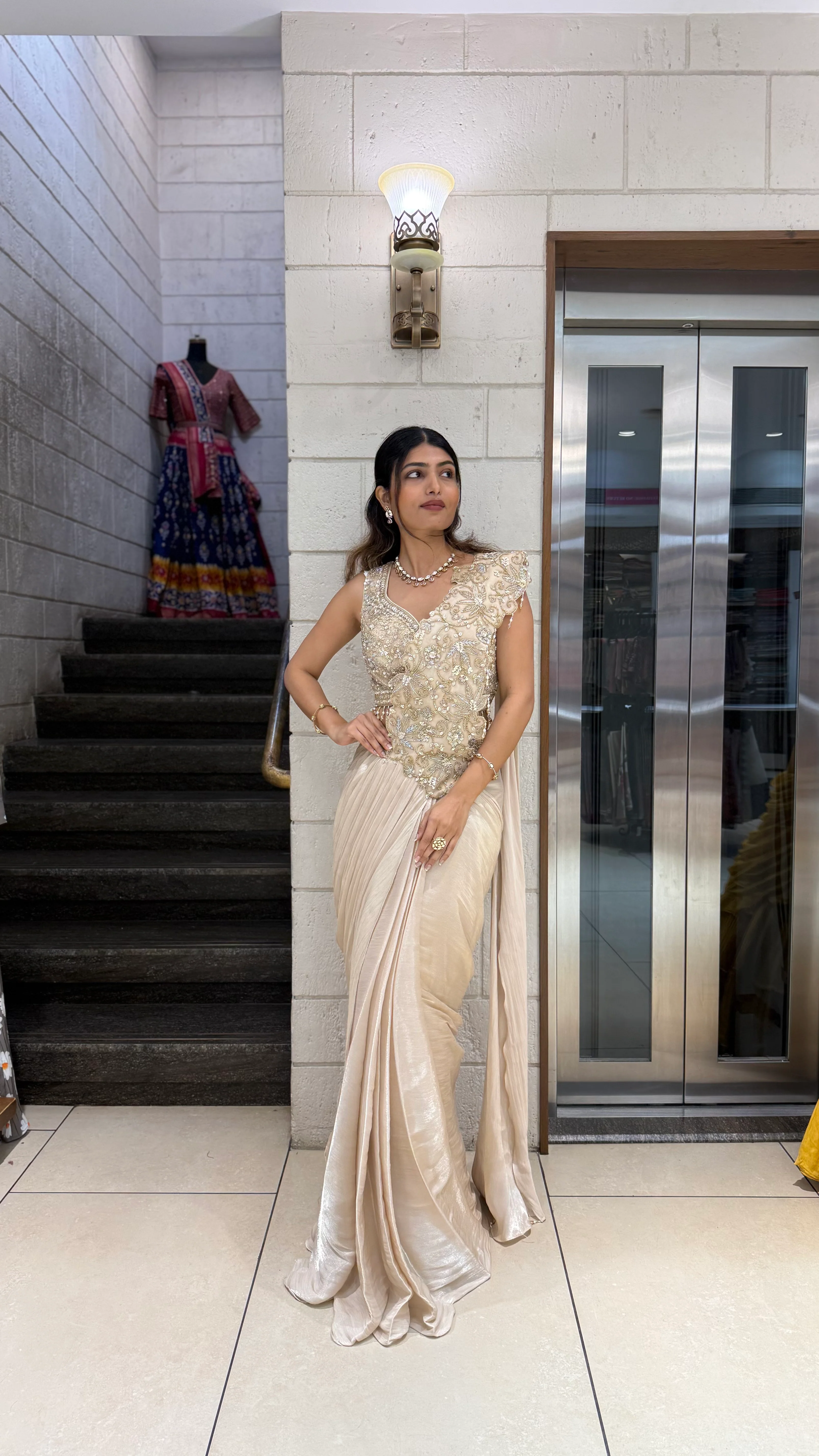 Champagne Gold Ready-to-Wear Saree with Embellished Blouse - Image 4