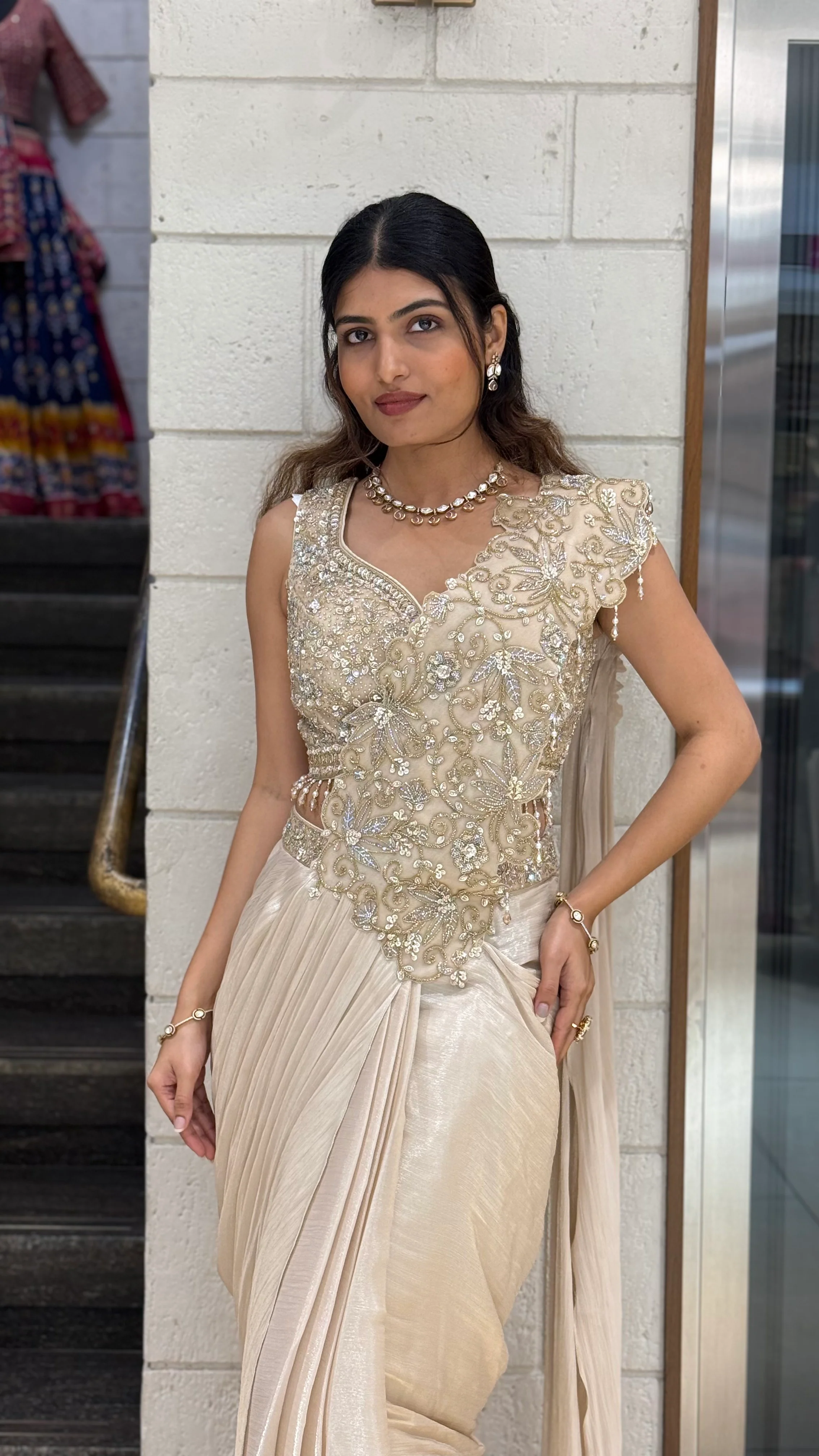 Champagne Gold Ready-to-Wear Saree with Embellished Blouse - Image 5
