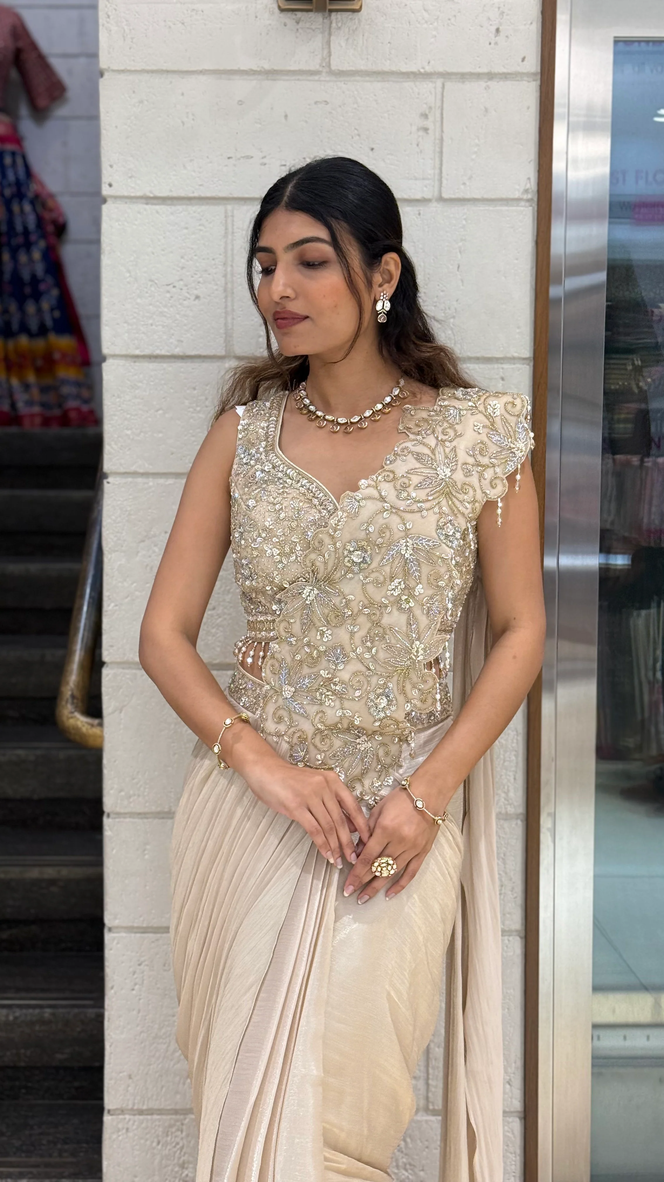 Champagne Gold Ready-to-Wear Saree with Embellished Blouse - Image 6