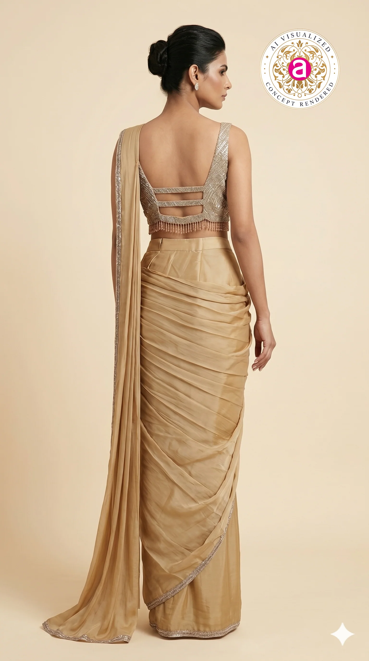 Champagne Gold Ready-to-Wear Saree with Sequined Designer Blouse & Elegant Border - Image 3