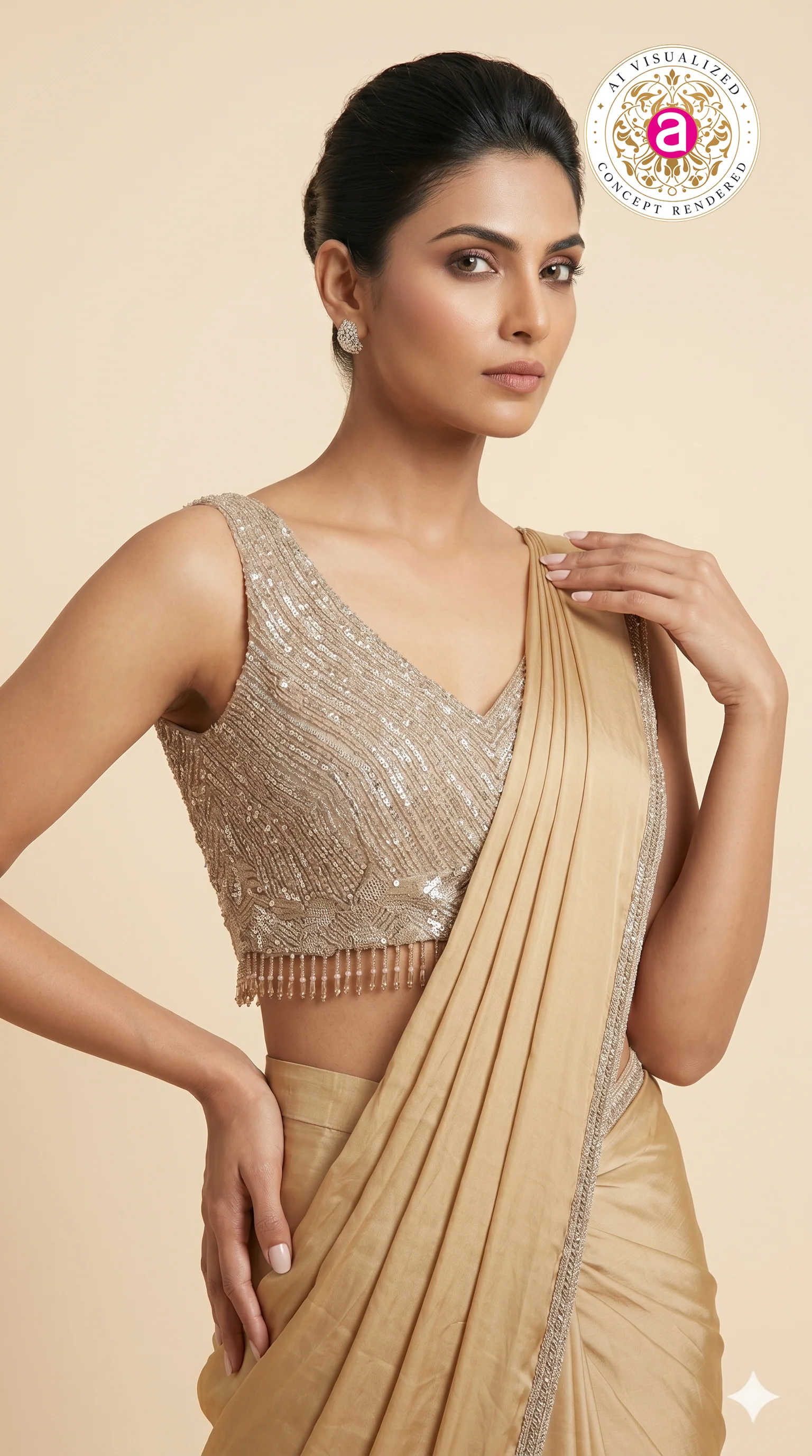 Champagne Gold Ready-to-Wear Saree with Sequined Designer Blouse & Elegant Border - Image 6