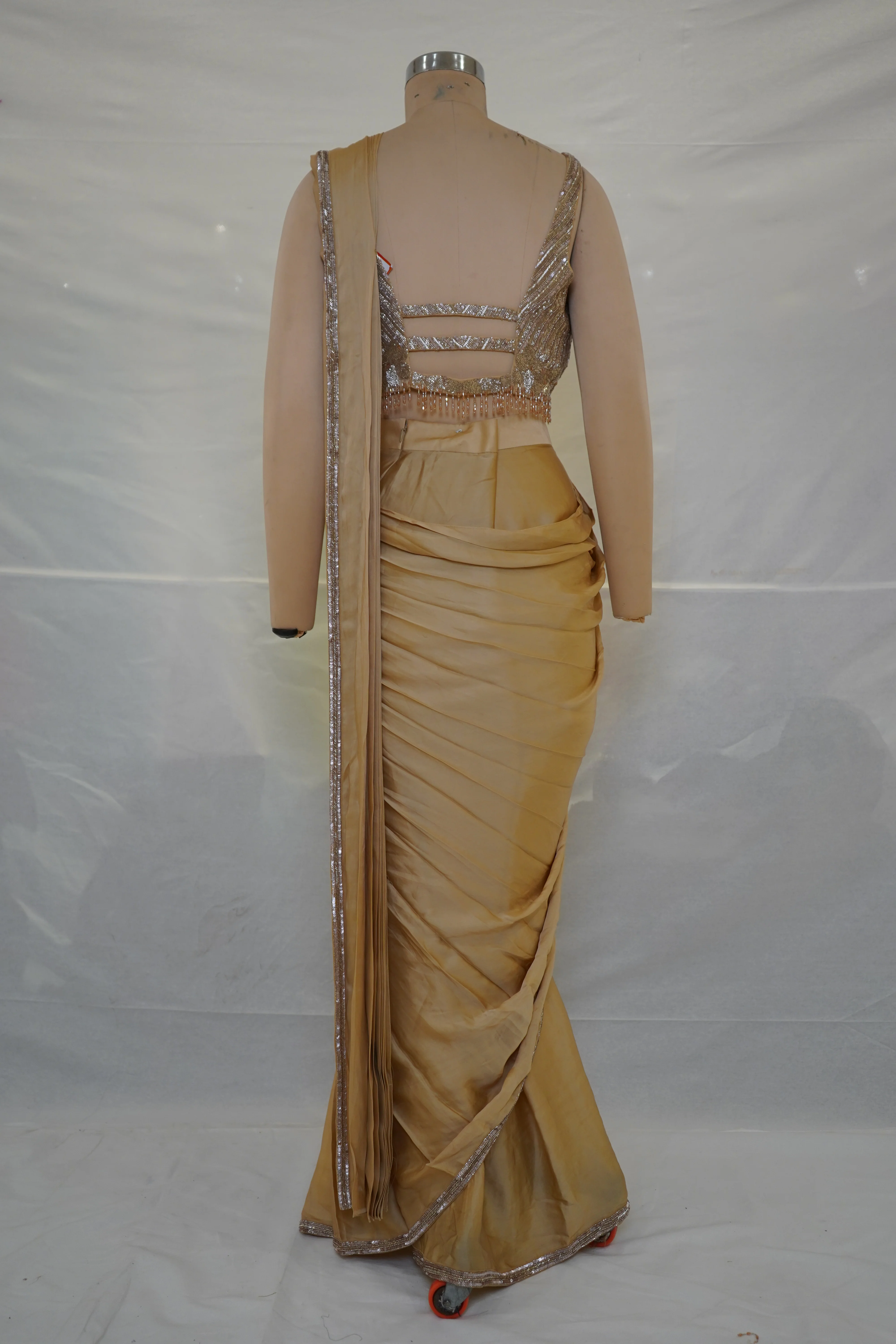 Champagne Gold Ready-to-Wear Saree with Sequined Designer Blouse & Elegant Border - Image 8