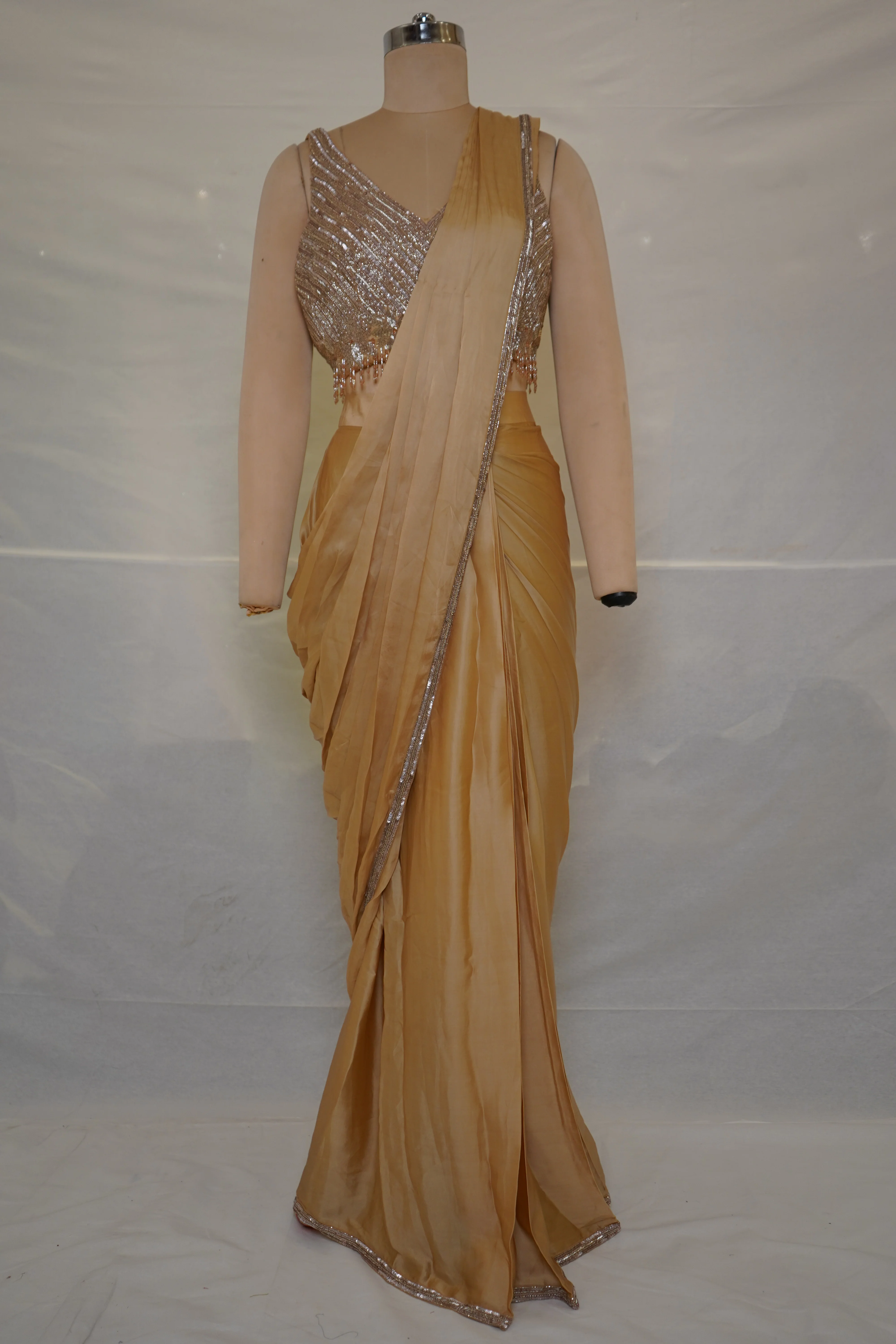 Champagne Gold Ready-to-Wear Saree with Sequined Designer Blouse & Elegant Border - Image 9