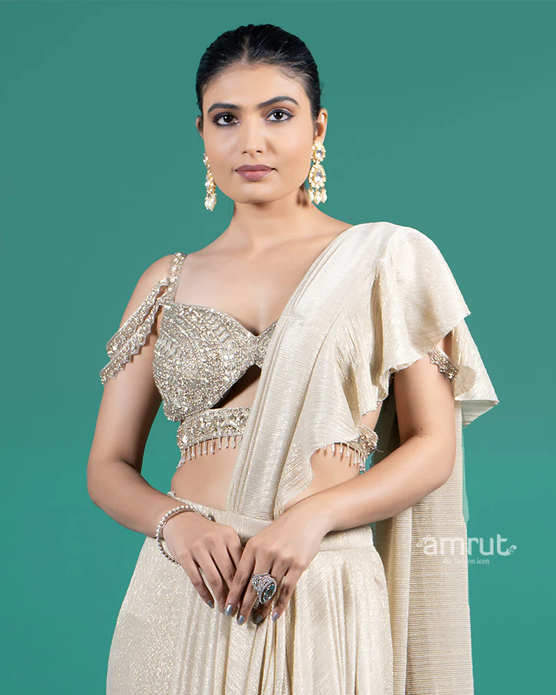 Champagne Gold Ruffle Drape Saree with Embellished Cold-Shoulder Blouse - Image 2