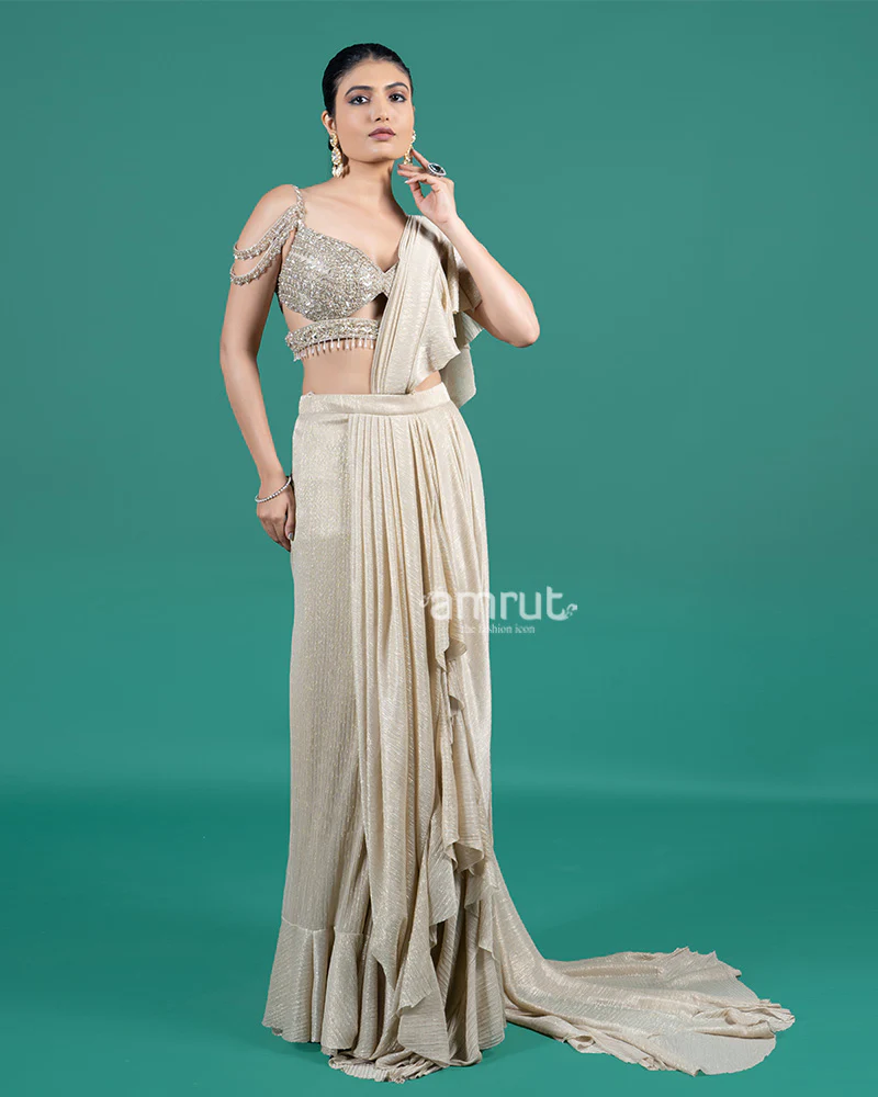 Champagne Gold Ruffle Drape Saree with Embellished Cold-Shoulder Blouse - Image 4