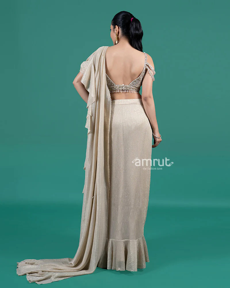 Champagne Gold Ruffle Drape Saree with Embellished Cold-Shoulder Blouse - Image 5