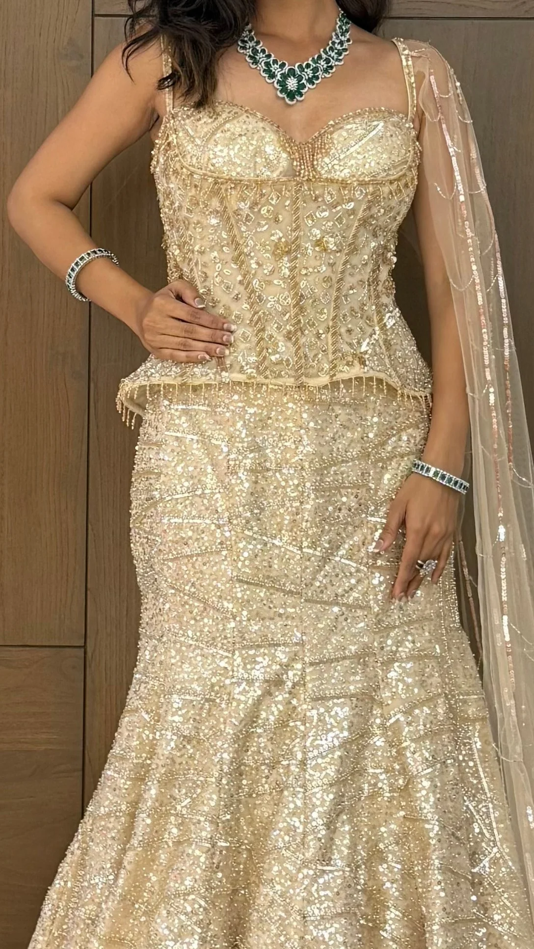Champagne Gold Sequin Embellished Designer Lehenga Set with Corset Blouse & Sheer Net Dupatta - Image 2