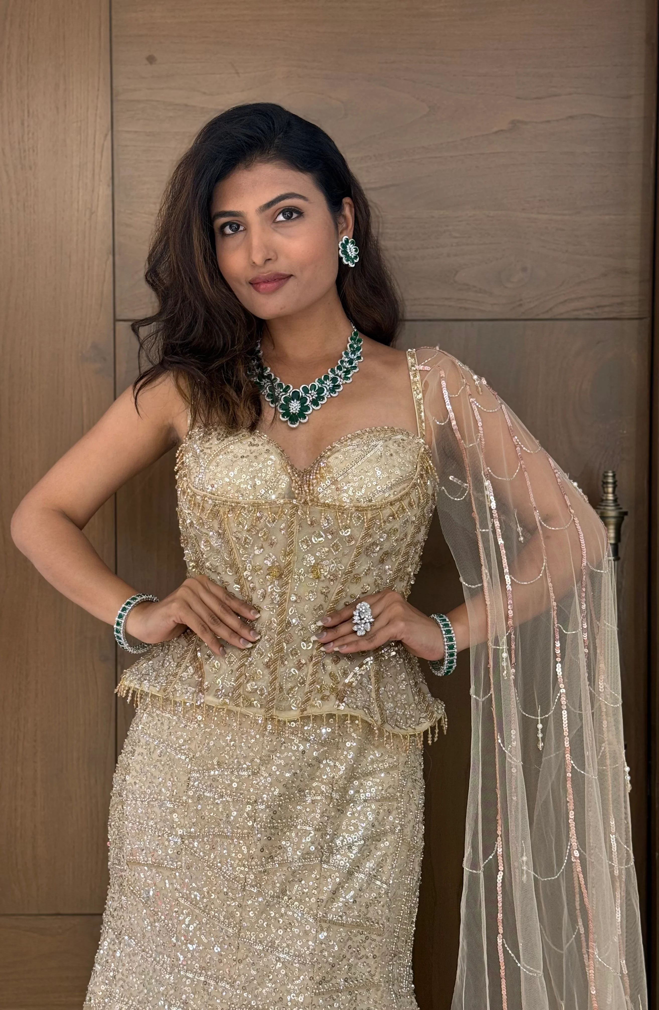 Champagne Gold Sequin Embellished Designer Lehenga Set with Corset Blouse & Sheer Net Dupatta - Image 3