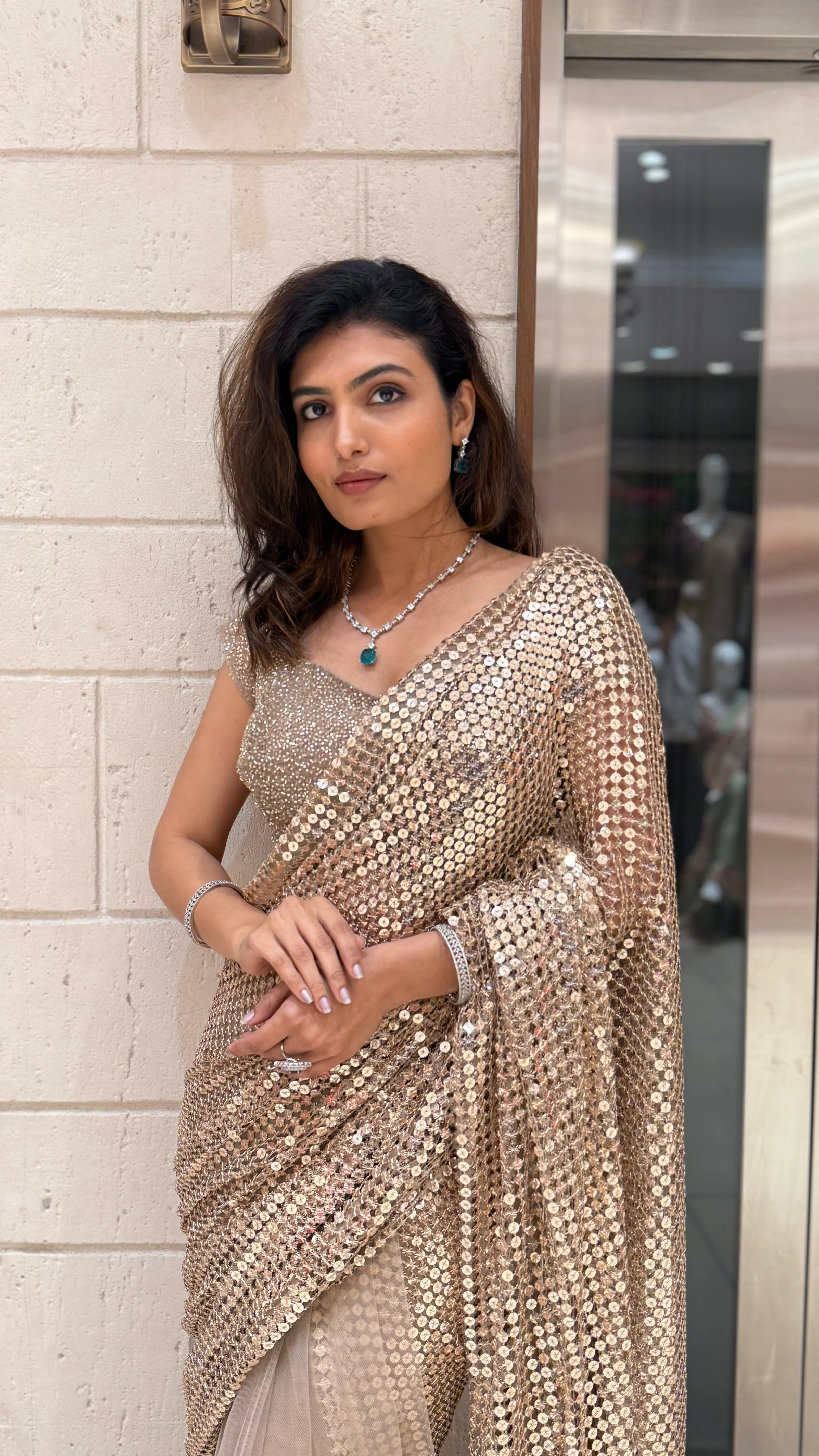 Champagne Gold Sequin & Mesh Designer Saree - Image 3