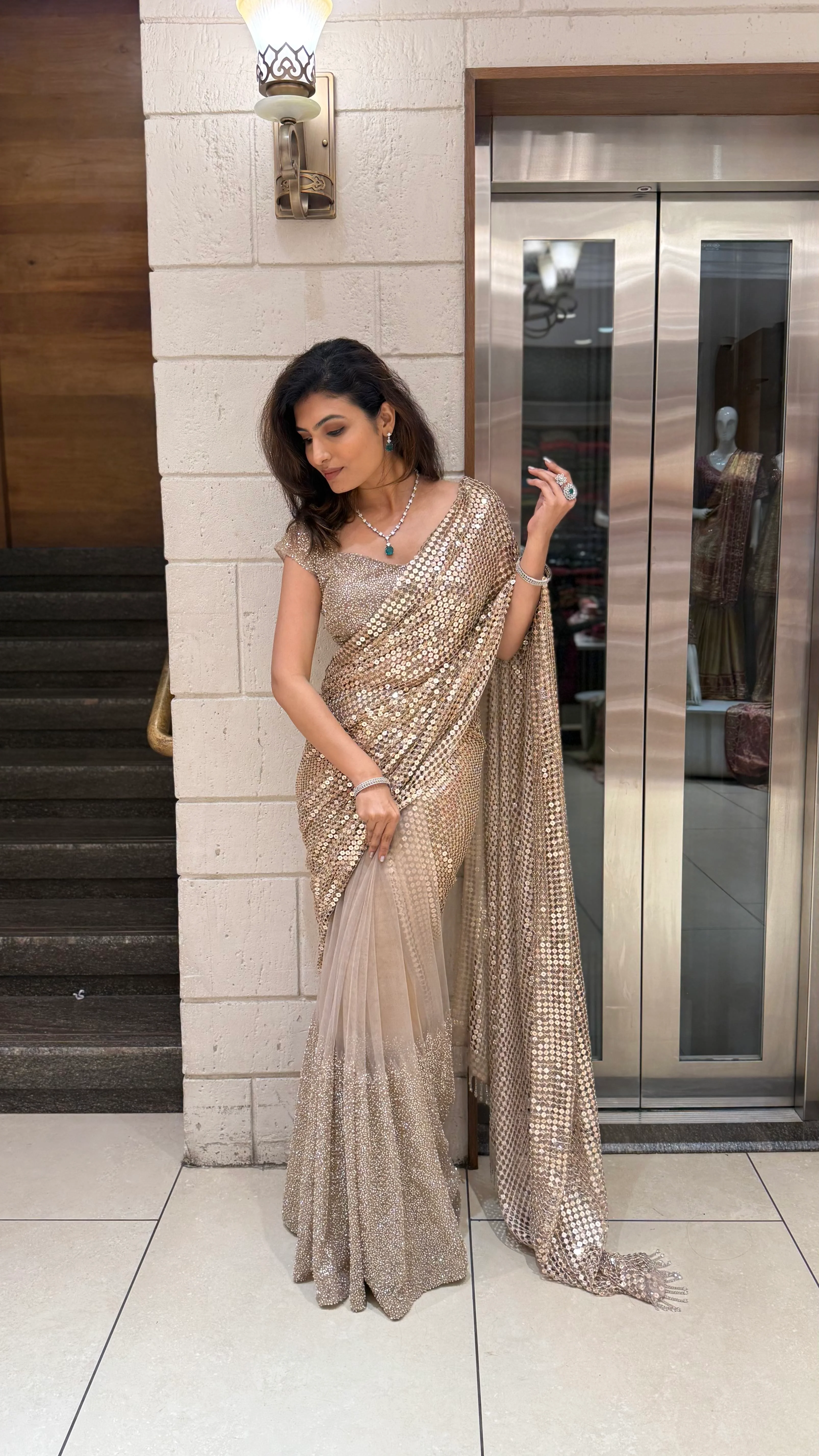 Champagne Gold Sequin & Mesh Designer Saree - Image 4