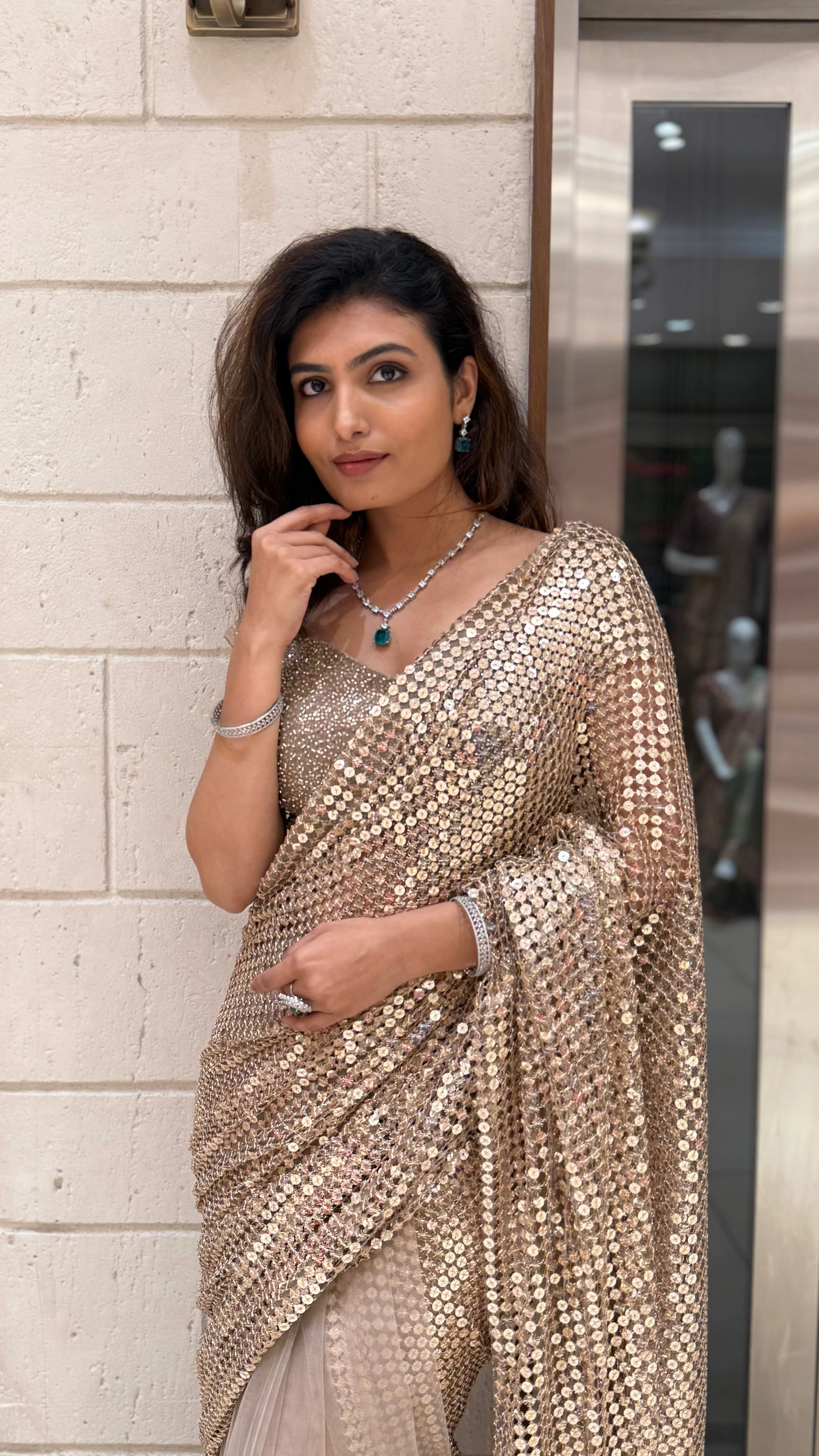 Champagne Gold Sequin & Mesh Designer Saree - Image 5