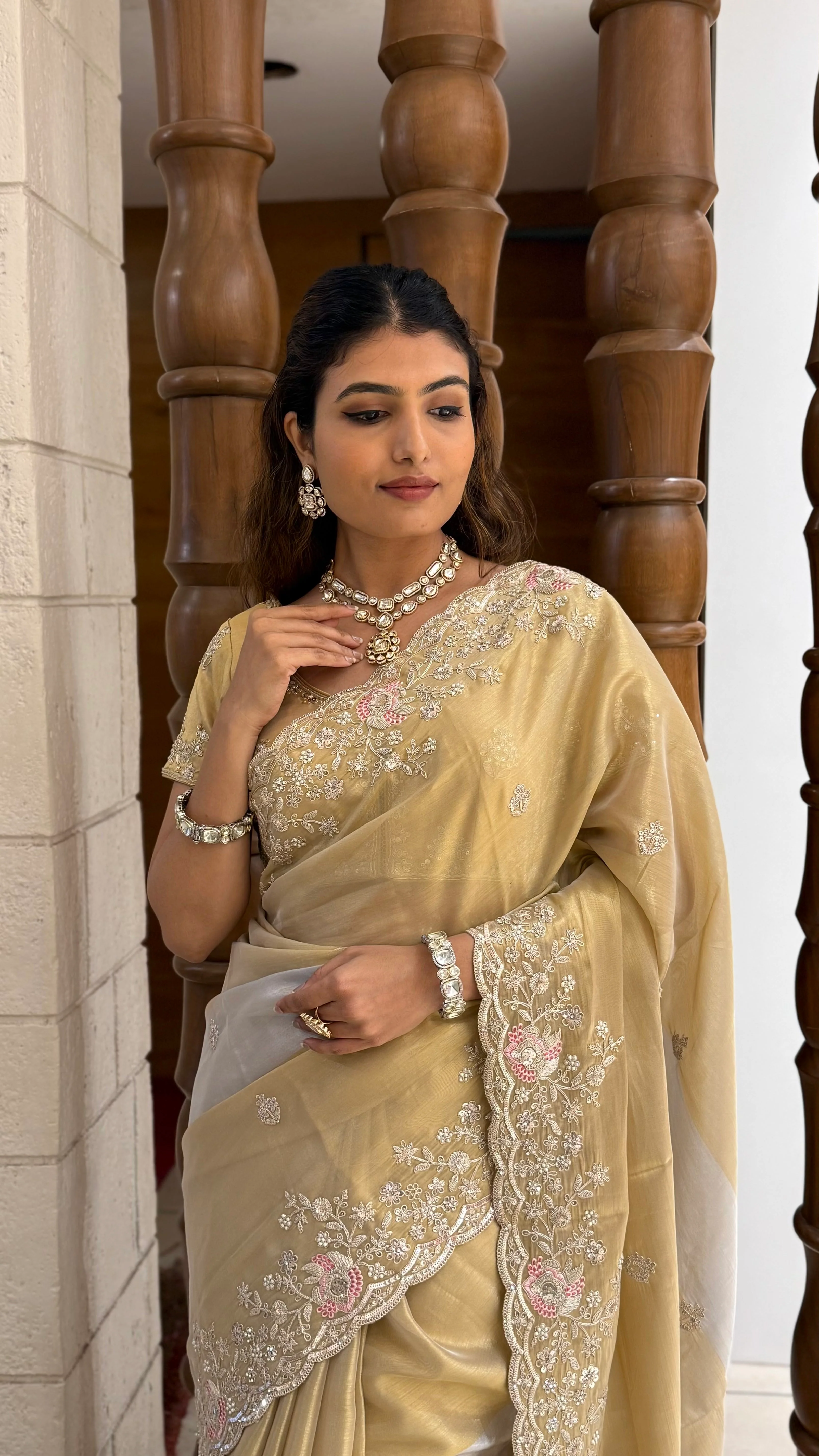 Champagne Gold Tissue Silk Saree with Hand Embroidered Pearl Border - Image 2