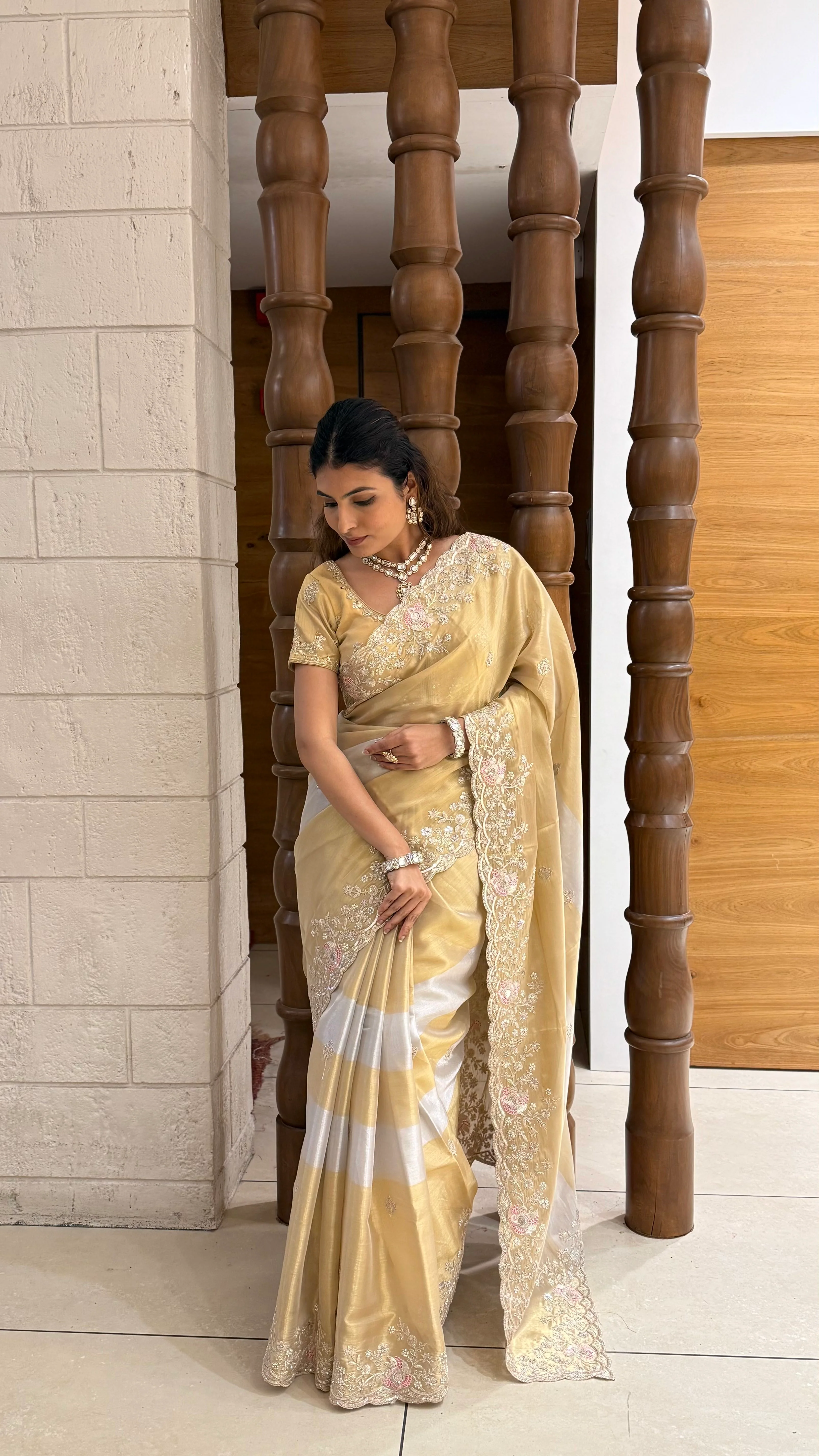 Champagne Gold Tissue Silk Saree with Hand Embroidered Pearl Border - Image 3