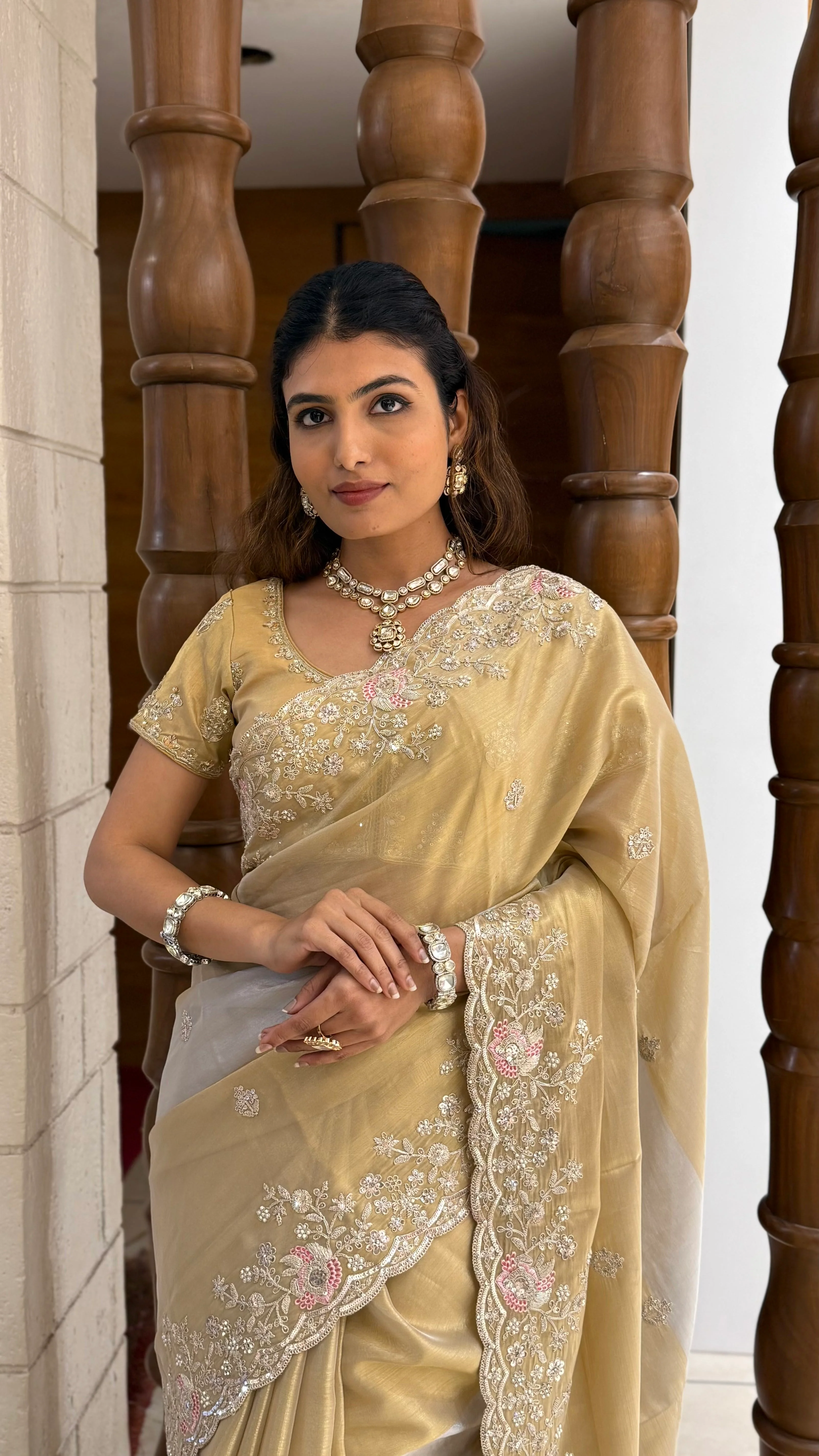 Champagne Gold Tissue Silk Saree with Hand Embroidered Pearl Border - Image 4