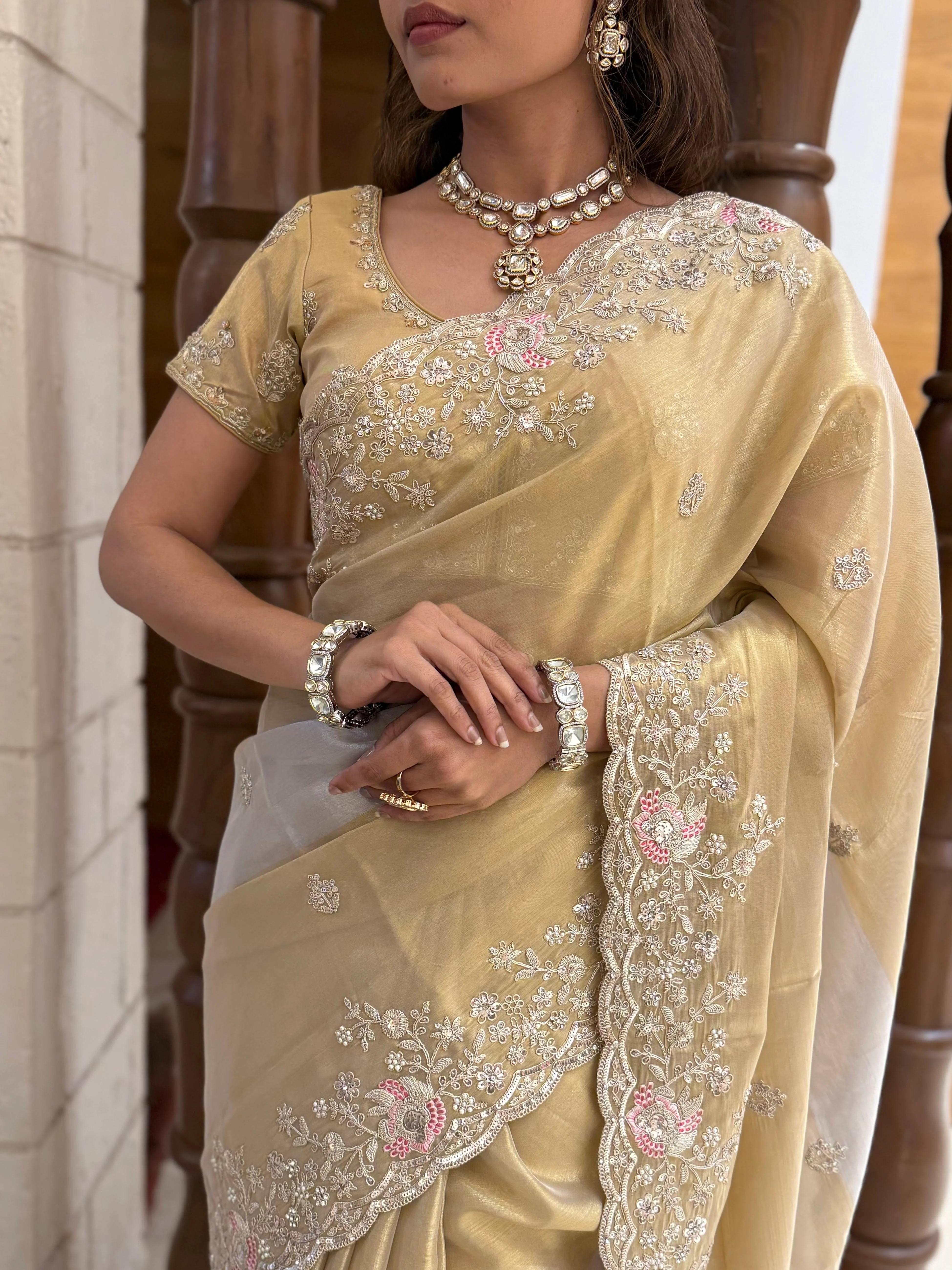 Champagne Gold Tissue Silk Saree with Hand Embroidered Pearl Border - Image 5