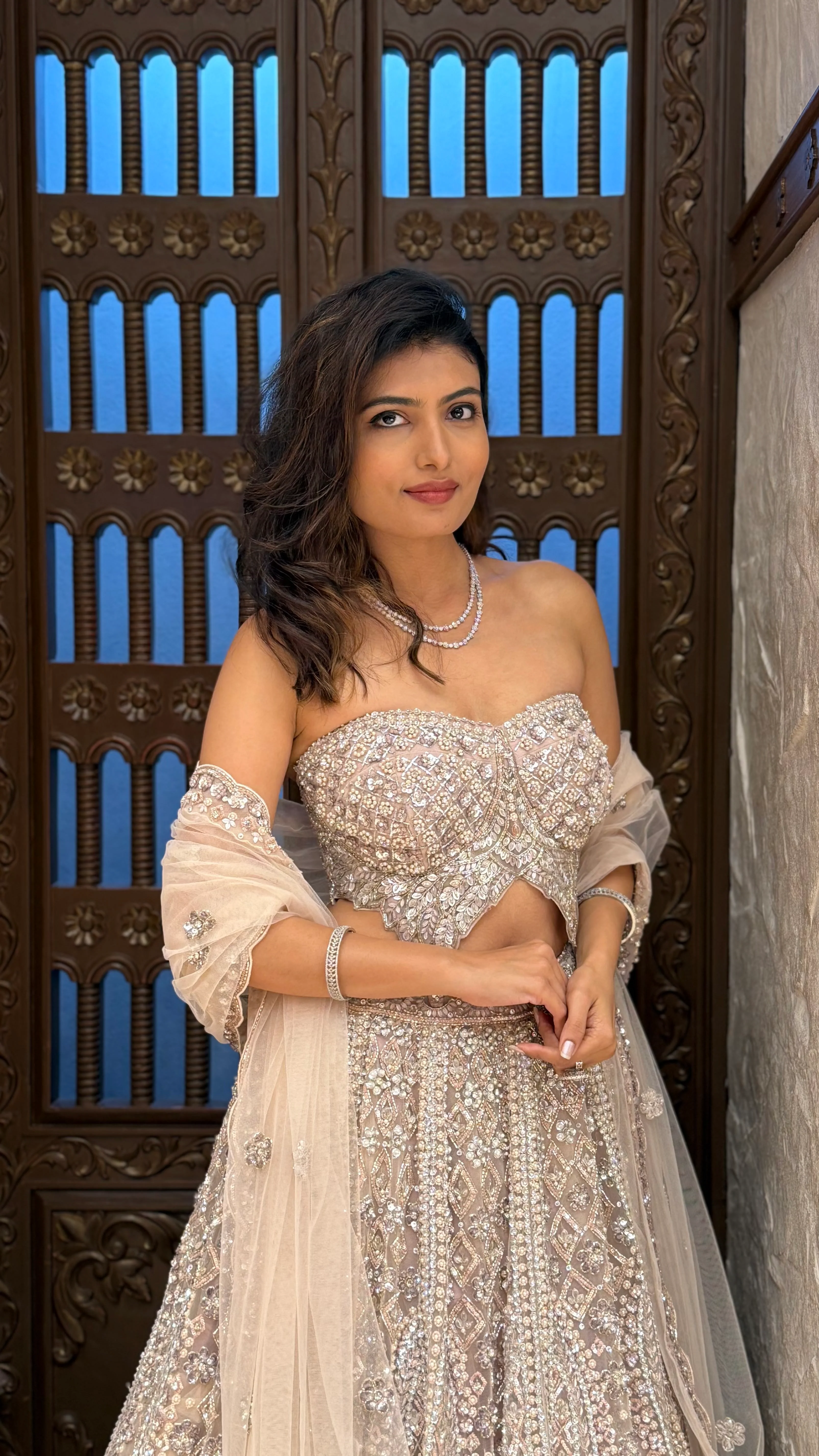 Champagne Ivory & Silver Embellished Lehenga with Corset Blouse & Net Dupatta - Image 4