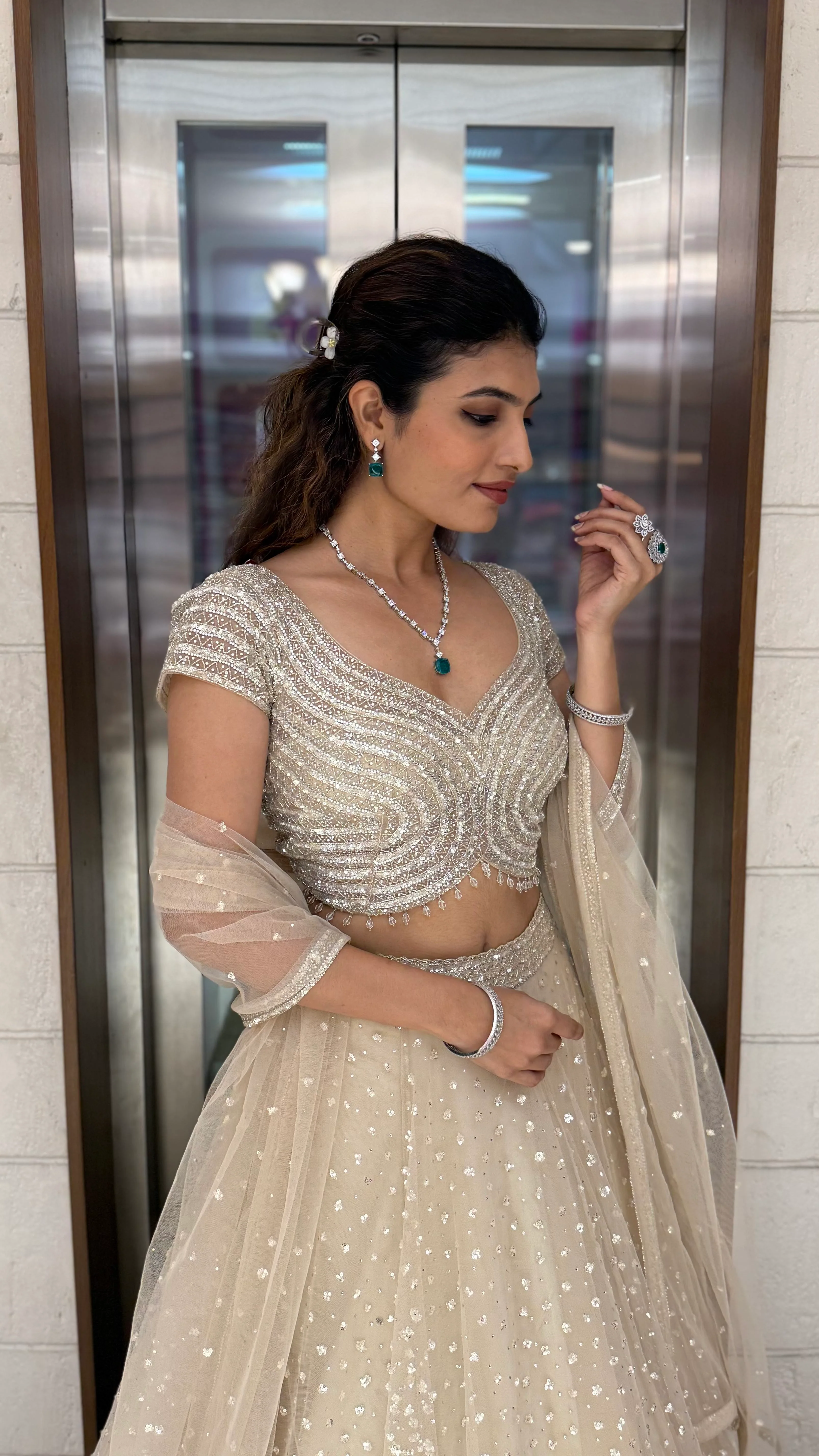 Champagne Sequin Embellished Lehenga with Wave Pattern Blouse & Sheer Dupatta - Image 3