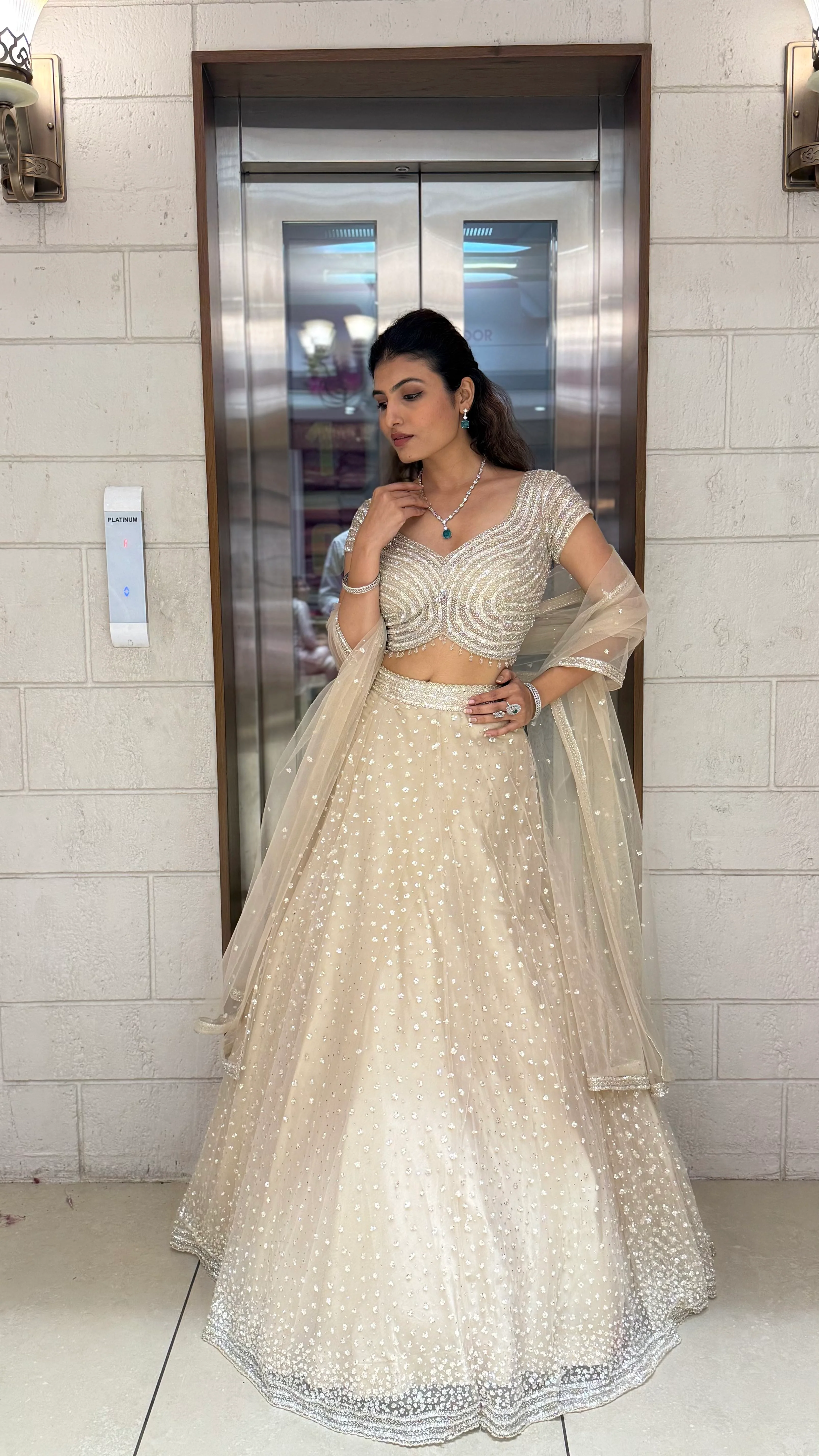Champagne Sequin Embellished Lehenga with Wave Pattern Blouse & Sheer Dupatta - Image 4