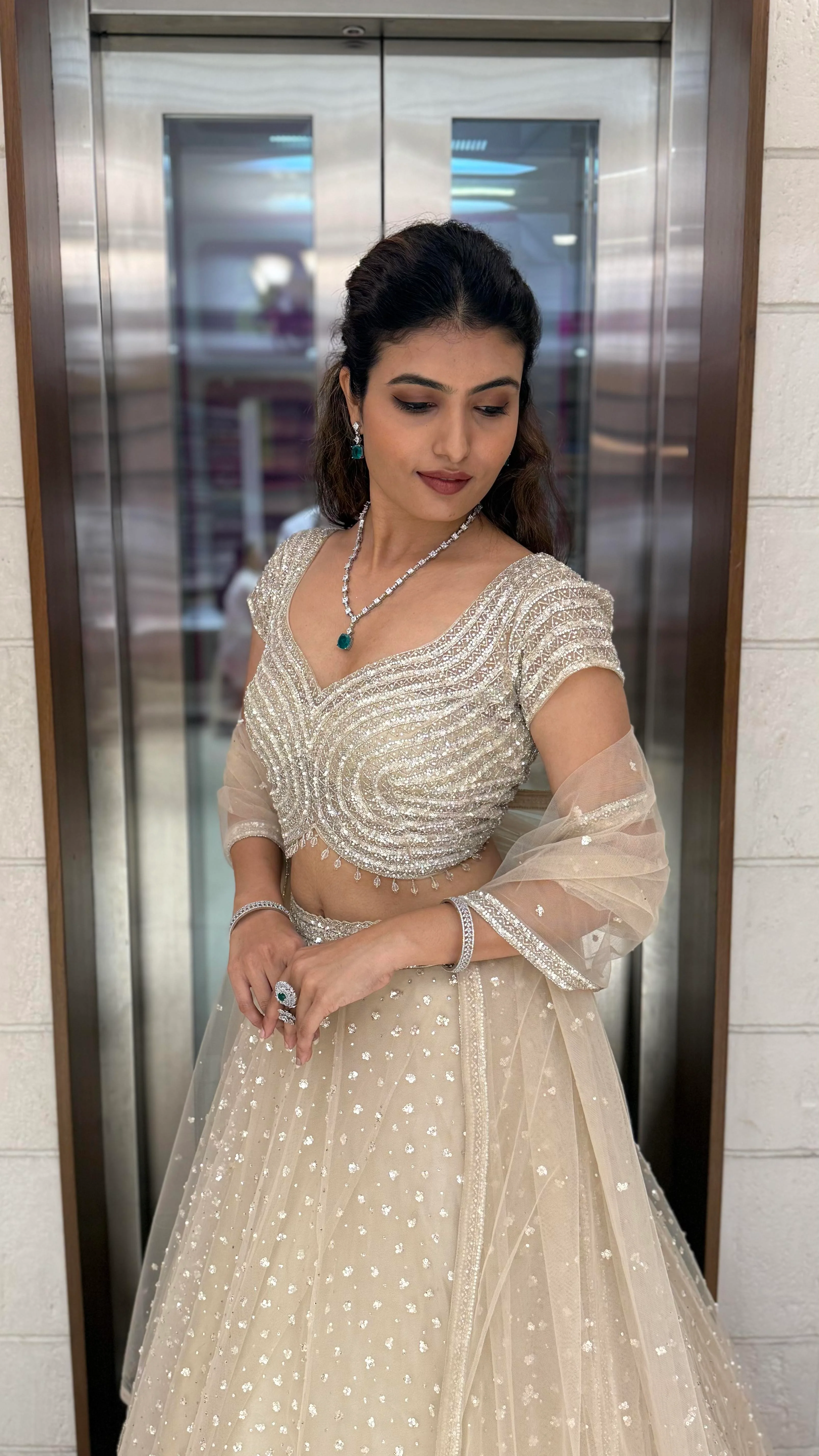 Champagne Sequin Embellished Lehenga with Wave Pattern Blouse & Sheer Dupatta - Image 5