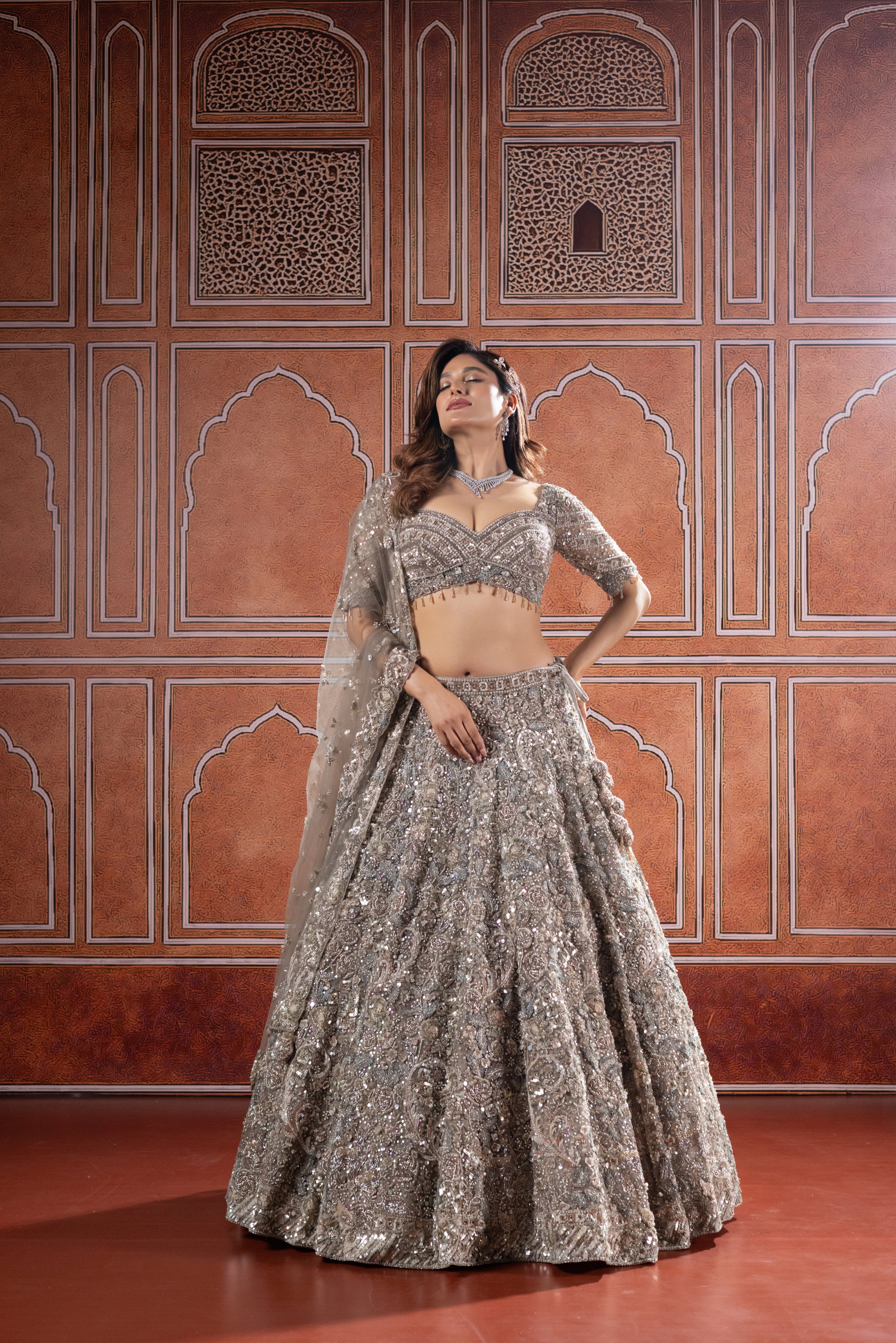 Champagne Silver Designer Bridal Lehenga with Heavy Embroidery - Image 4