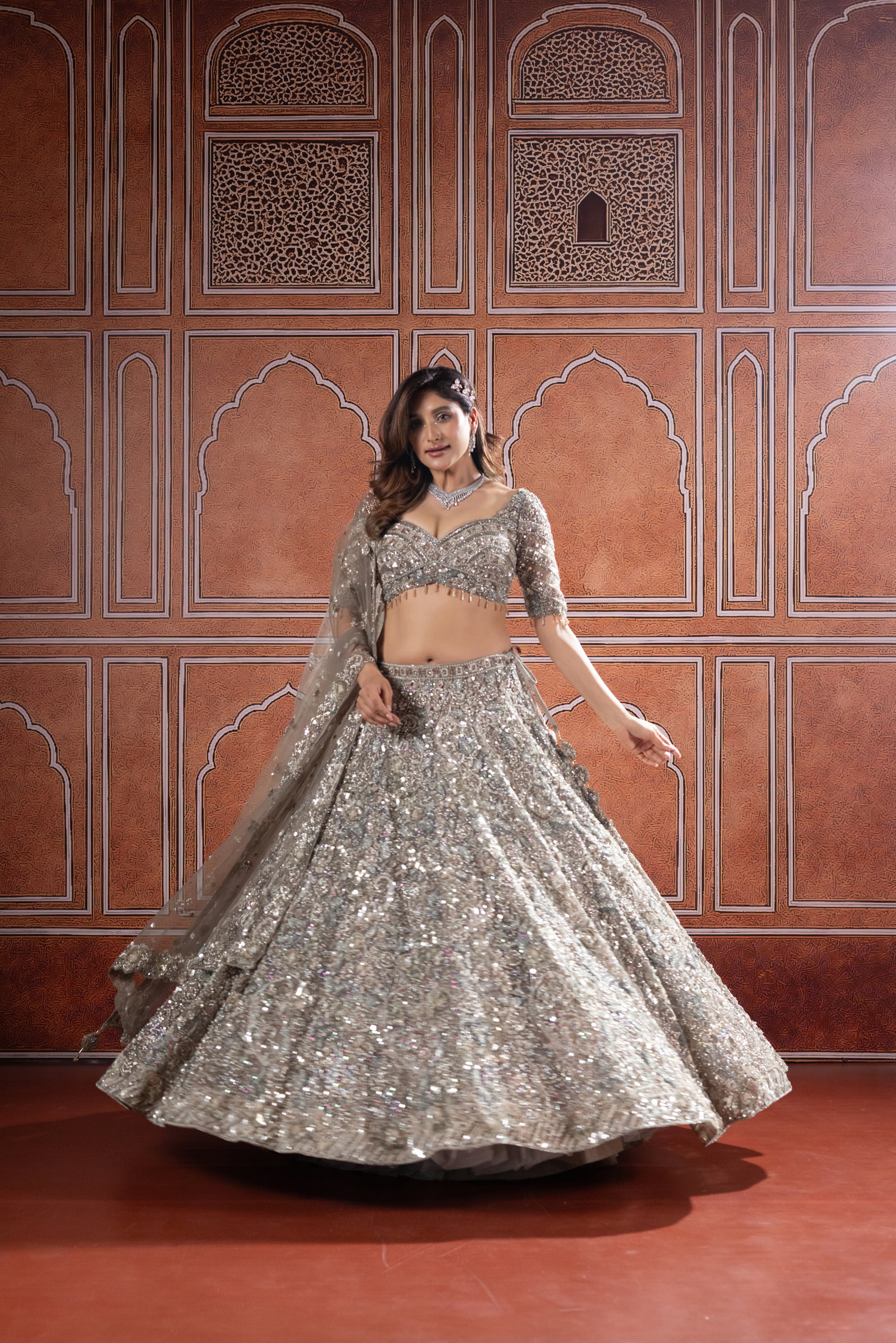 Champagne Silver Designer Bridal Lehenga with Heavy Embroidery - Image 5