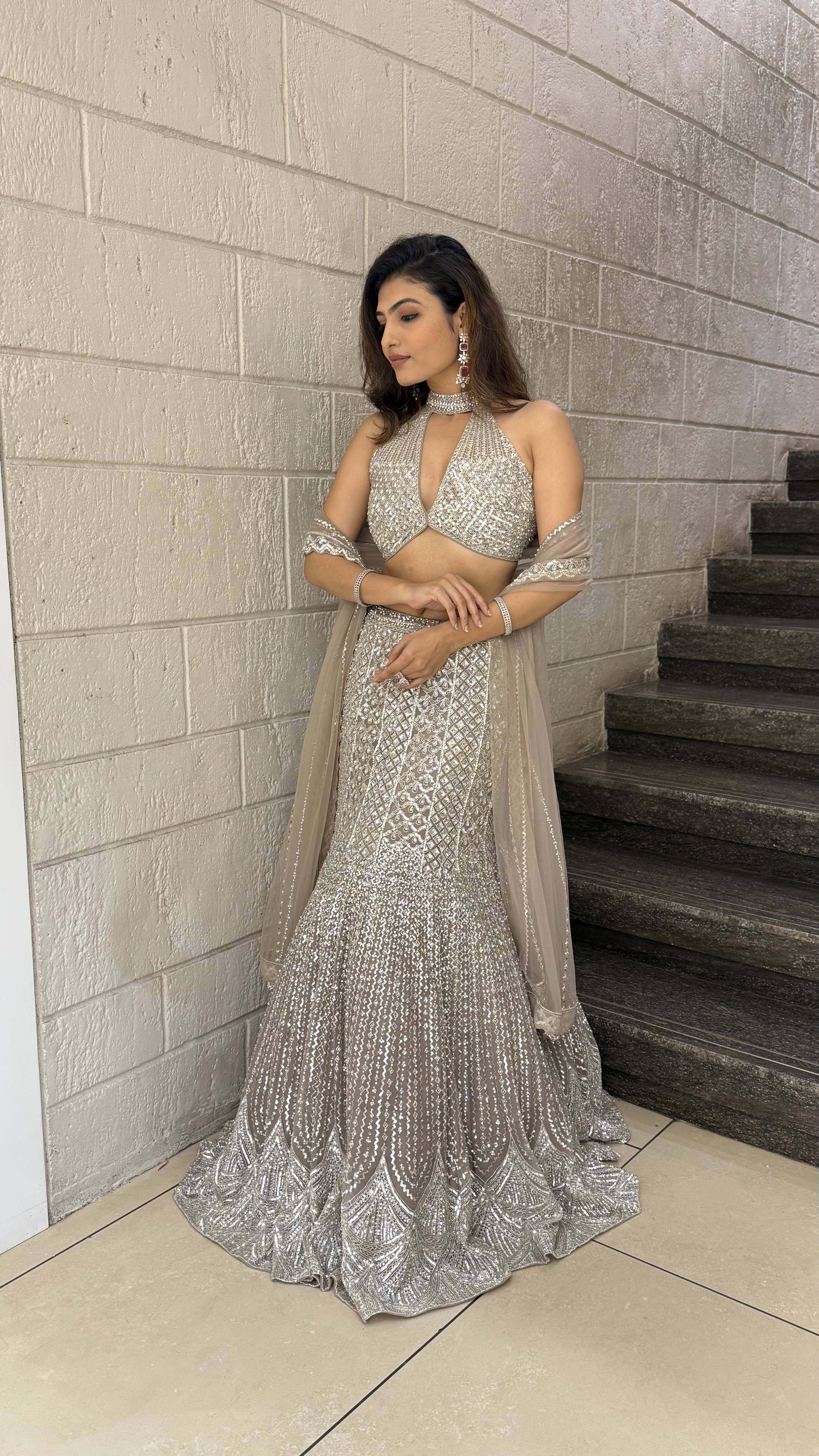 Champagne Silver Sequin Mermaid Lehenga Set with Halter Blouse - Image 3