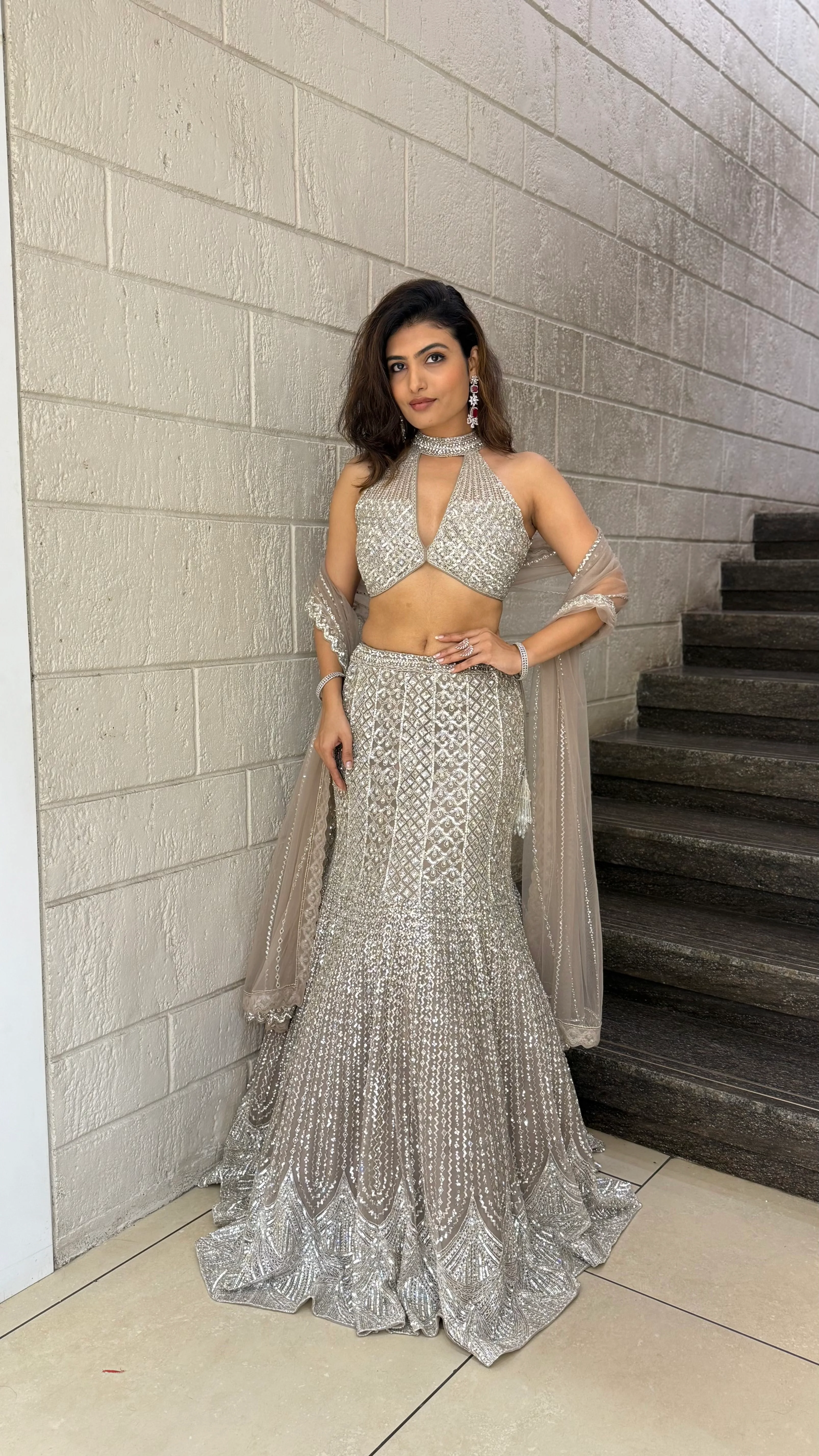 Champagne Silver Sequin Mermaid Lehenga Set with Halter Blouse - Image 4