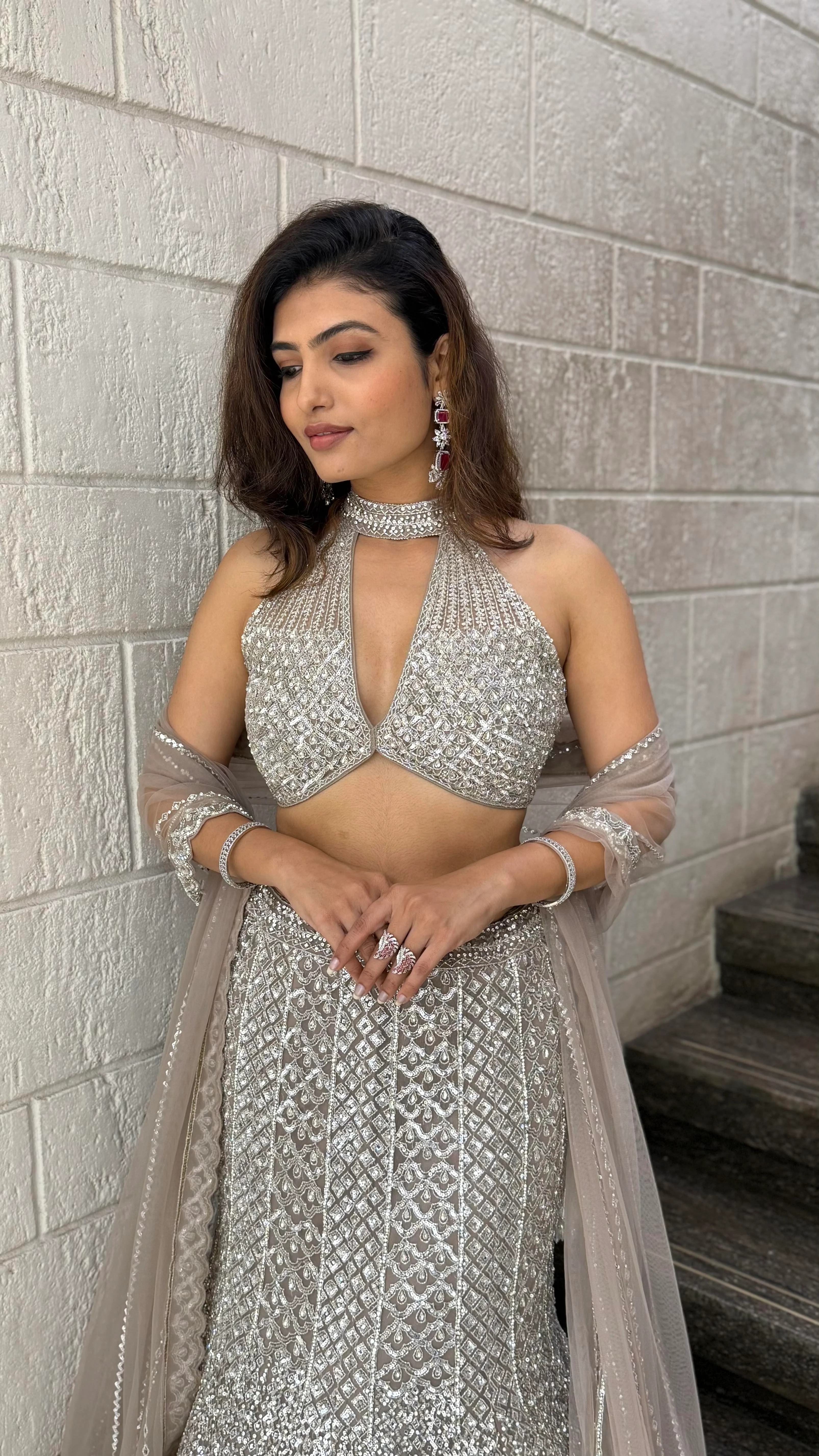 Champagne Silver Sequin Mermaid Lehenga Set with Halter Blouse - Image 5