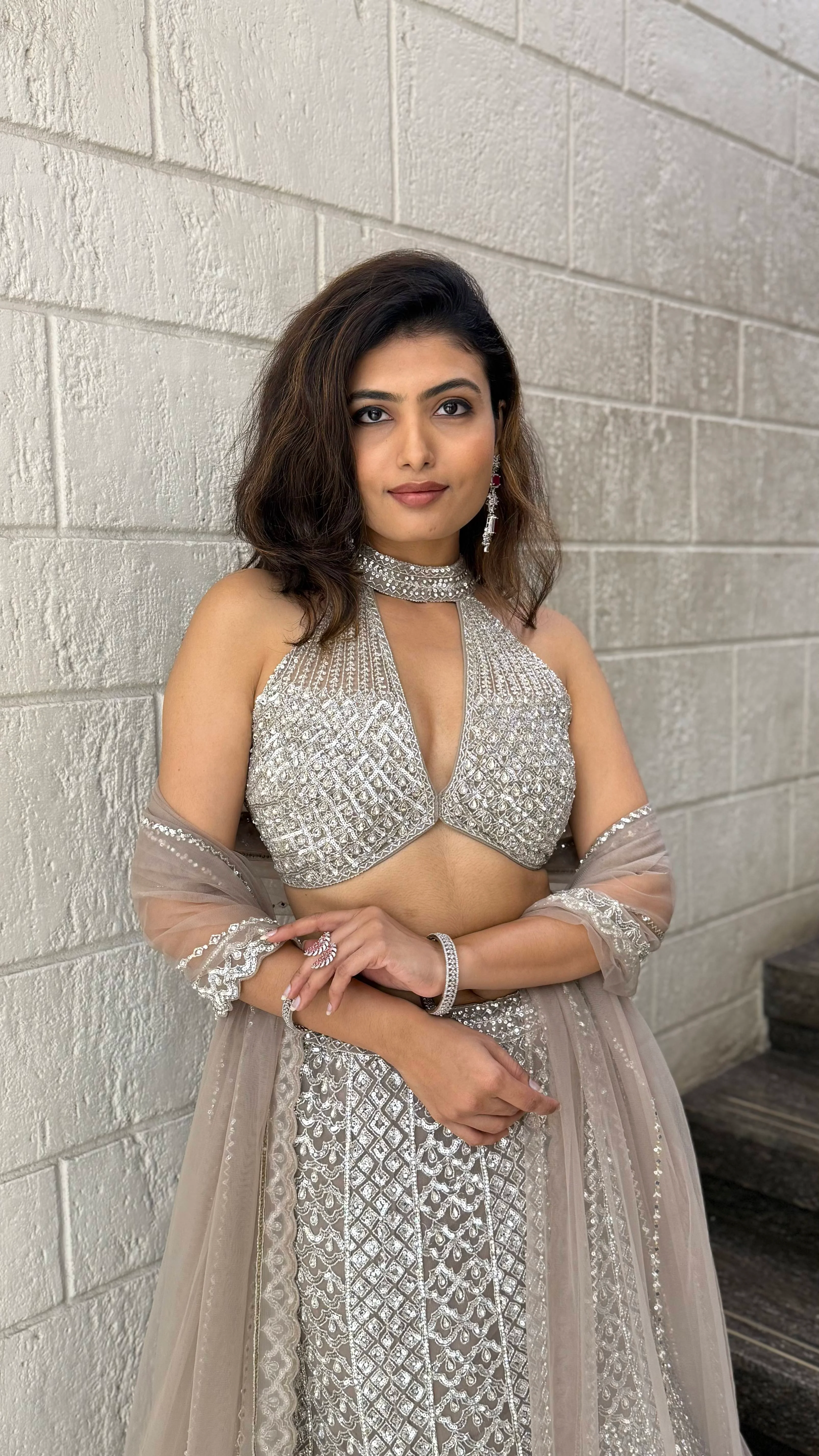 Champagne Silver Sequin Mermaid Lehenga Set with Halter Blouse - Image 6