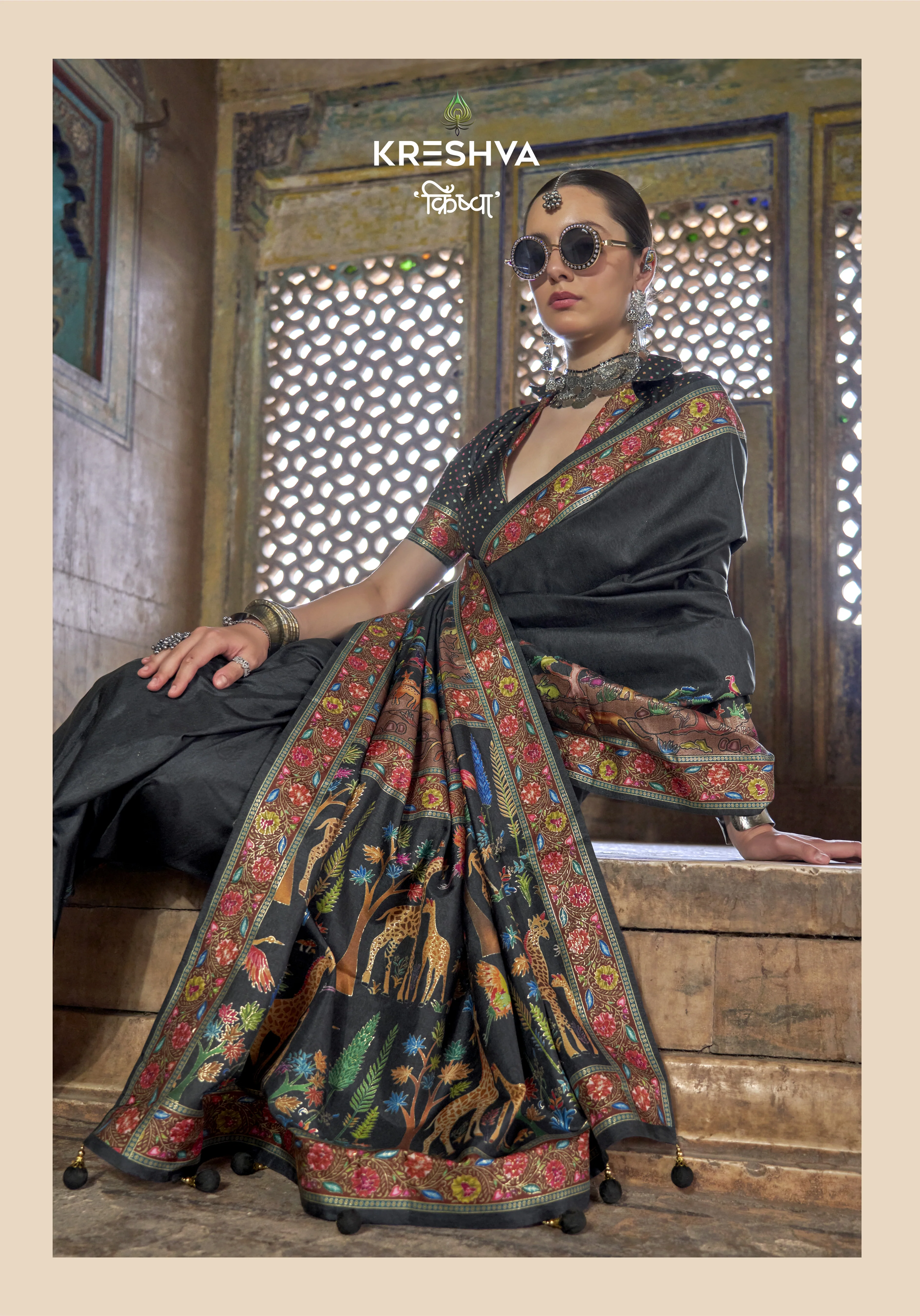 Charcoal Black Pashmina Inspired Designer Saree with Heritage Animal Border - Image 2