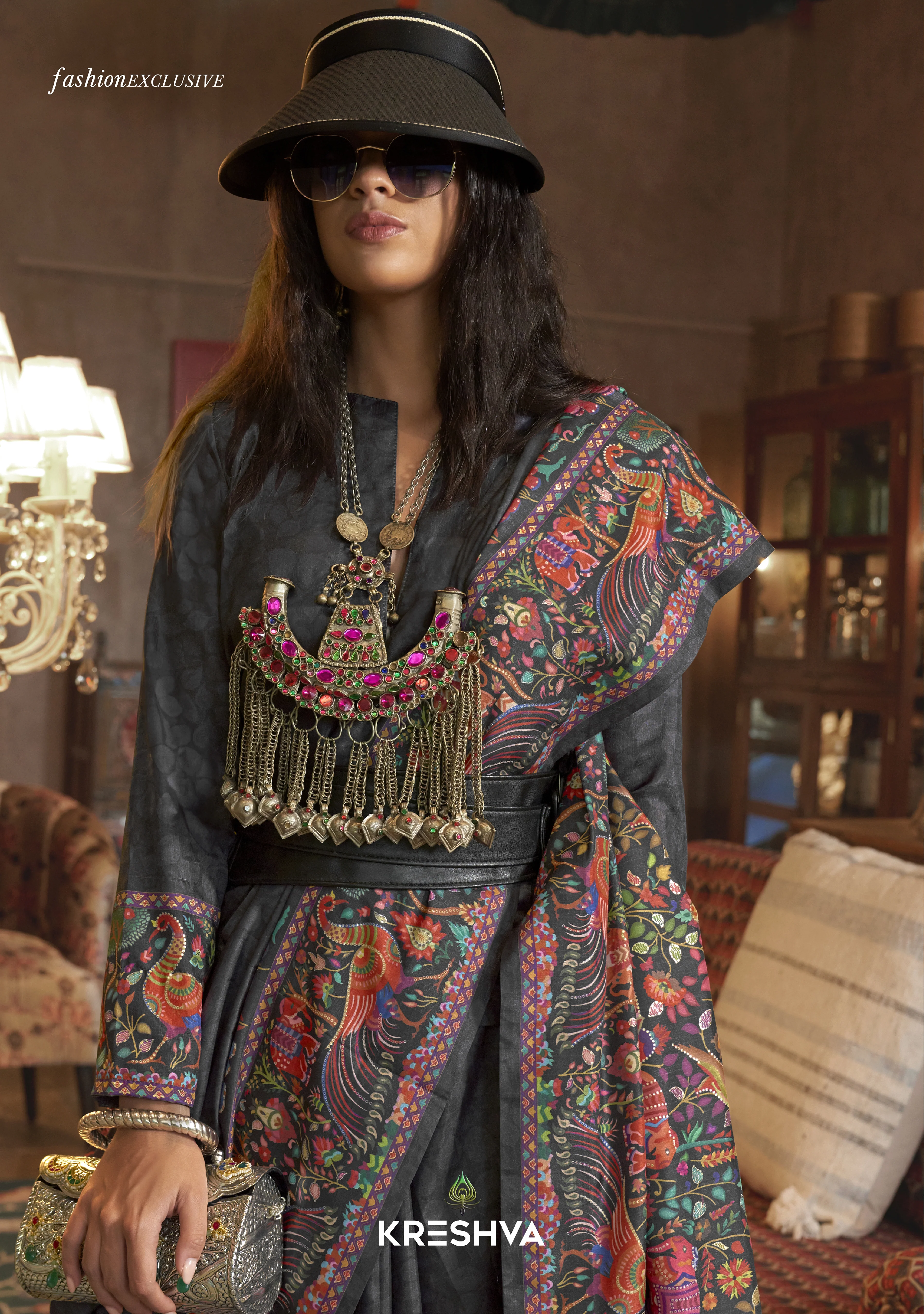 Charcoal Black Pashmina Prints Inspired Designer Saree with Folk Motifs - Image 2