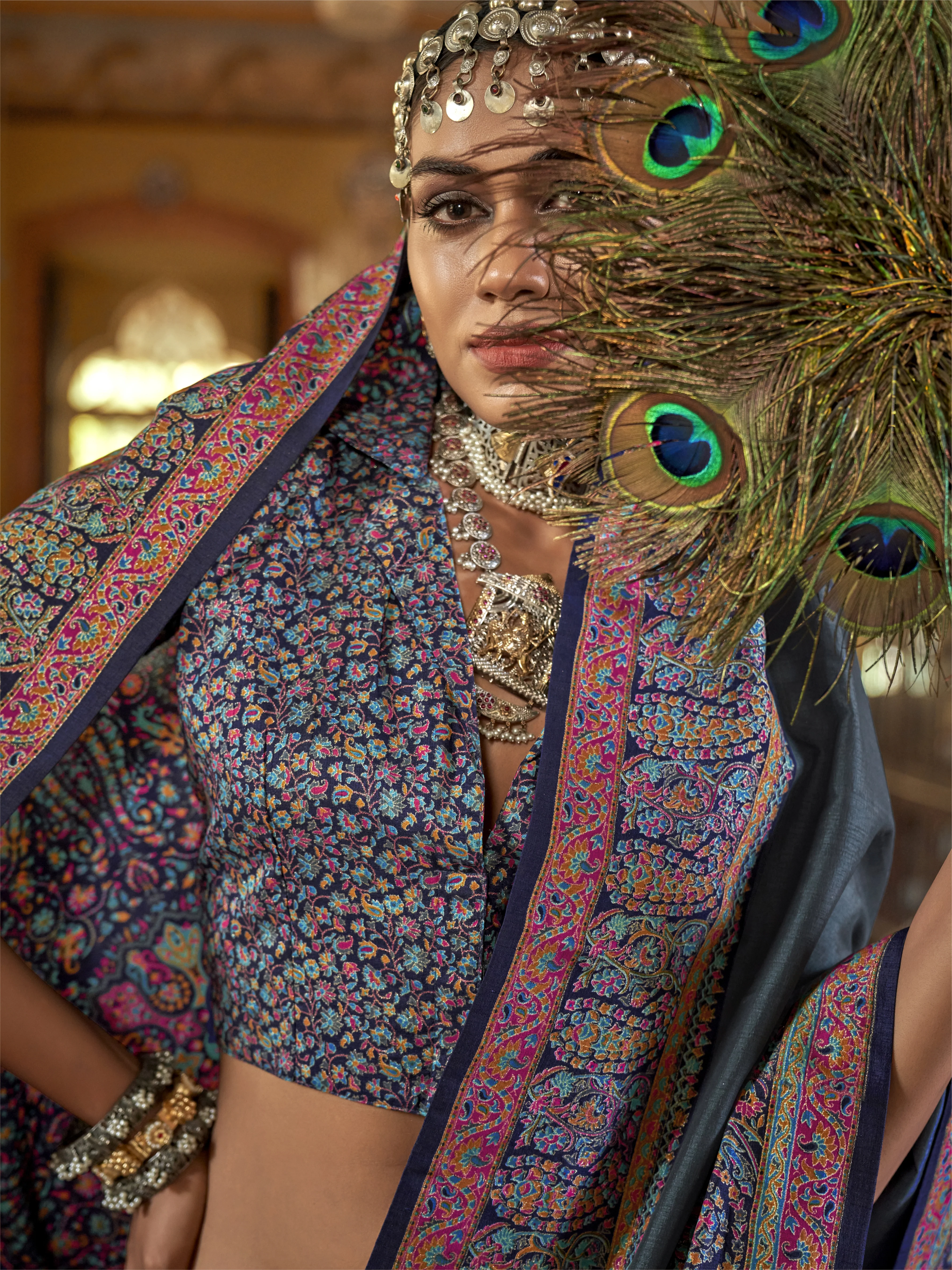 Charcoal Grey Heritage Pashmina Inspired Designer Saree with Multicolour Traditional Border - Image 2