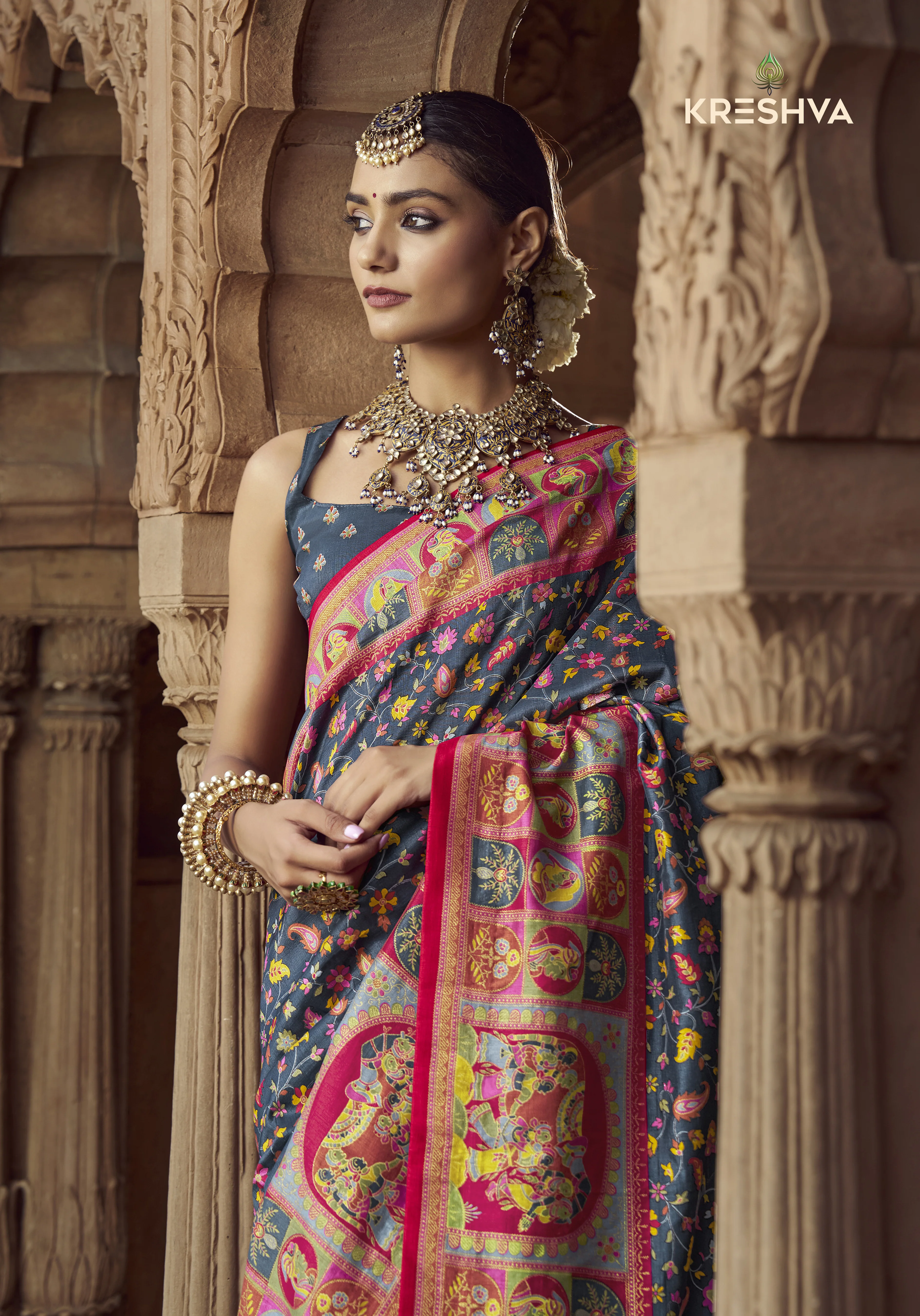 Charcoal Grey Heritage Pashmina Printed Saree with Pink Border & Traditional Motifs - Image 2